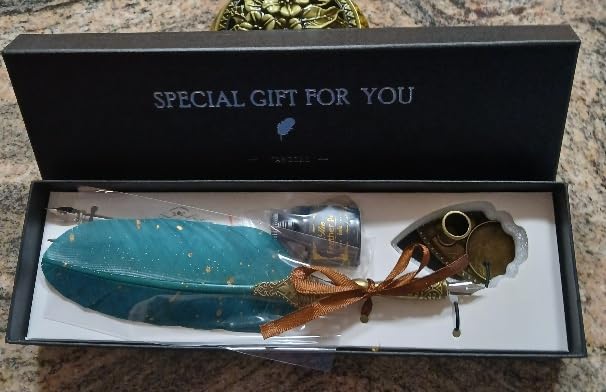 VANGOAL Vintage Green Feather Pen and Ink Set, Classic Series Goose Quill Pen with Carving Pen Stand, Calligraphy Pen Nibs, Black Dip Pen Ink, Antique Writing Gift for Writer customer photo 1