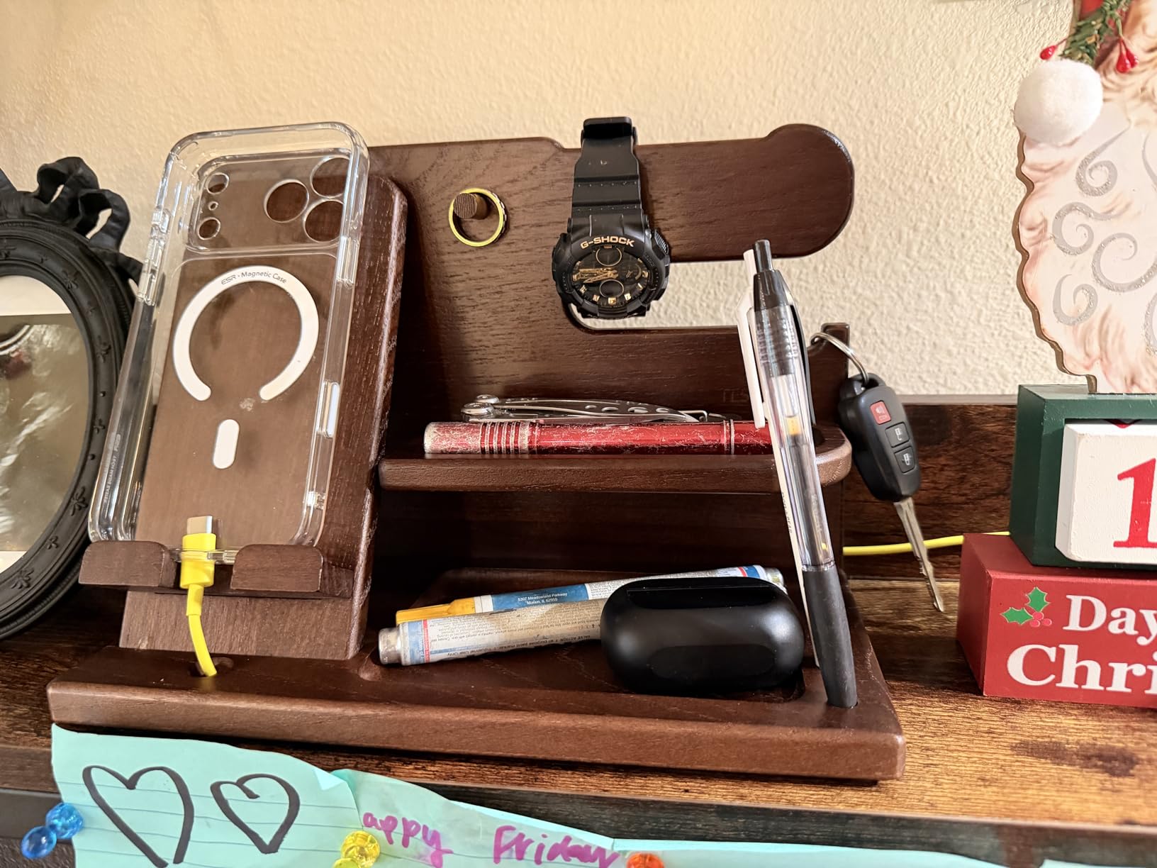 TESLYAR Wood Phone Docking Station for Men - Desk or Nightstand Organizer - Birthday Gifts for Husband, Dad - Key Holder, Stand Wallet, Watch & Essentials customer photo 1