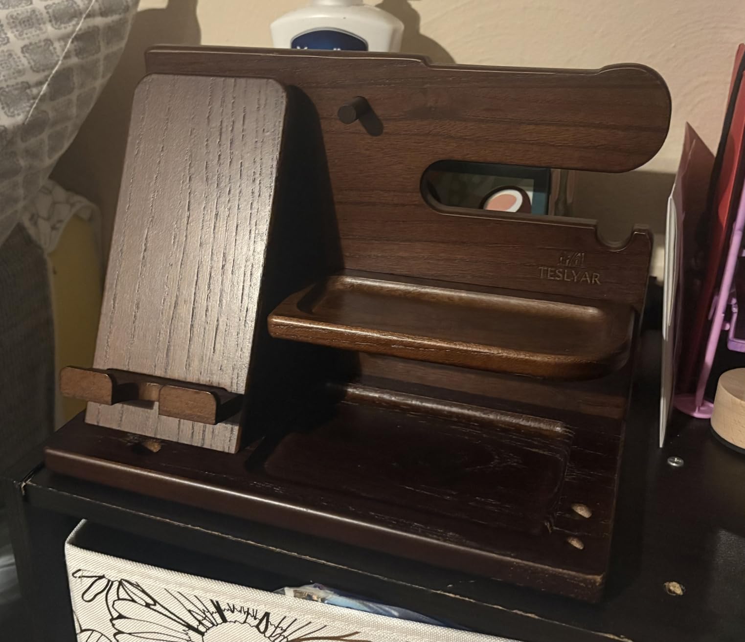 TESLYAR Wood Phone Docking Station for Men - Desk or Nightstand Organizer - Birthday Gifts for Husband, Dad - Key Holder, Stand Wallet, Watch & Essentials customer photo 2
