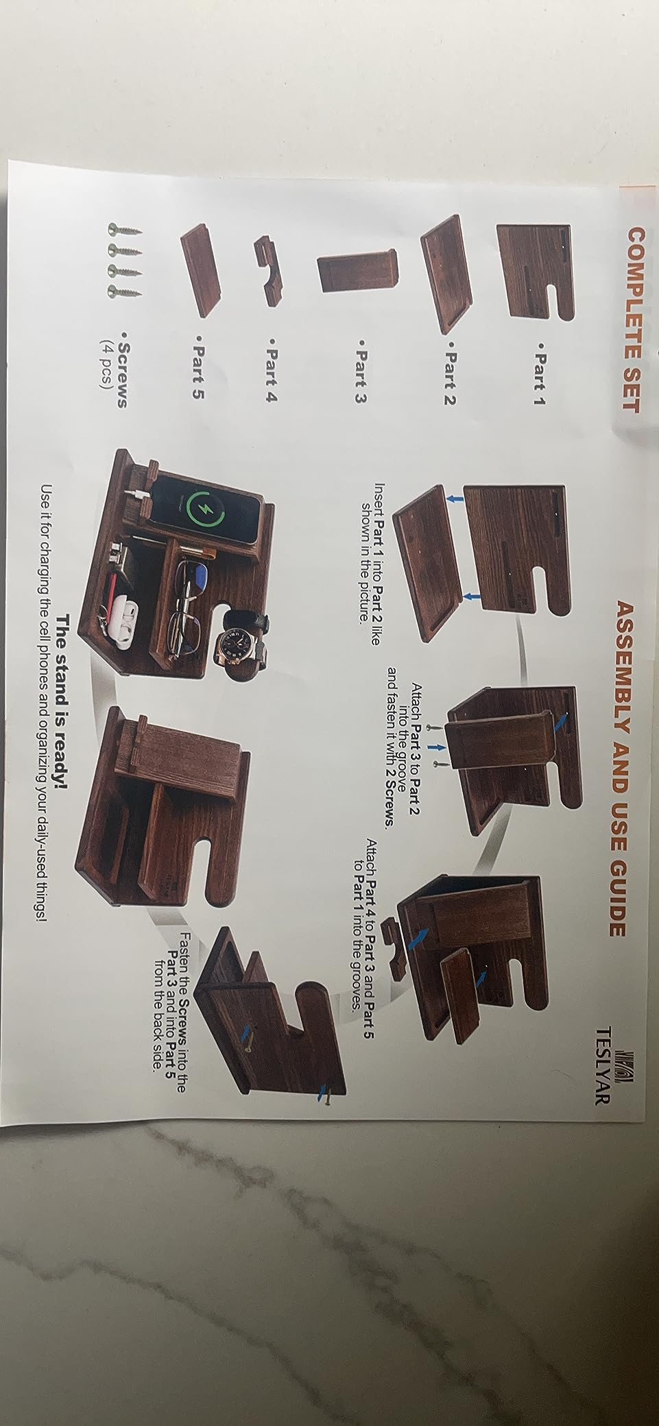 TESLYAR Wood Phone Docking Station for Men - Desktop or Nightstand Organizer - Birthday Gifts for Men, Dad - Anniversary Idea from Wife - Key Holder, Stand Wallet, Watch & Essentials (Bourbon Brown) customer photo 1