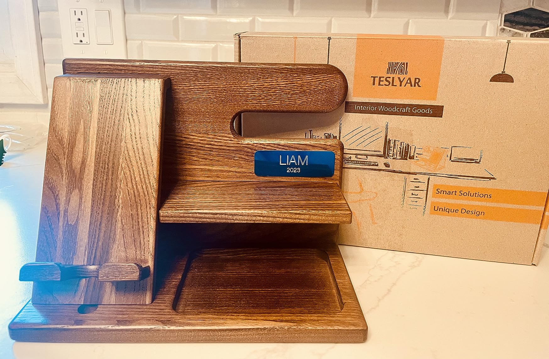 TESLYAR Wood Phone Docking Station for Men - Desktop or Nightstand Organizer - Birthday Gifts for Men, Dad - Anniversary Idea from Wife - Key Holder, Stand Wallet, Watch & Essentials (Bourbon Brown) customer photo 2
