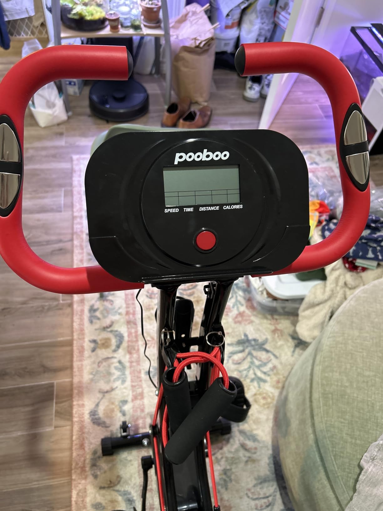 pooboo Folding Exercise Bike, Foldable Upright Stationary Bike, Indoor Cycling Magnetic X-Bike with 8-Level Adjustable Resistance, 6.6 LBS Flywheel, 300LB Capacity, Back Support Cushion for Home Gym customer photo 1