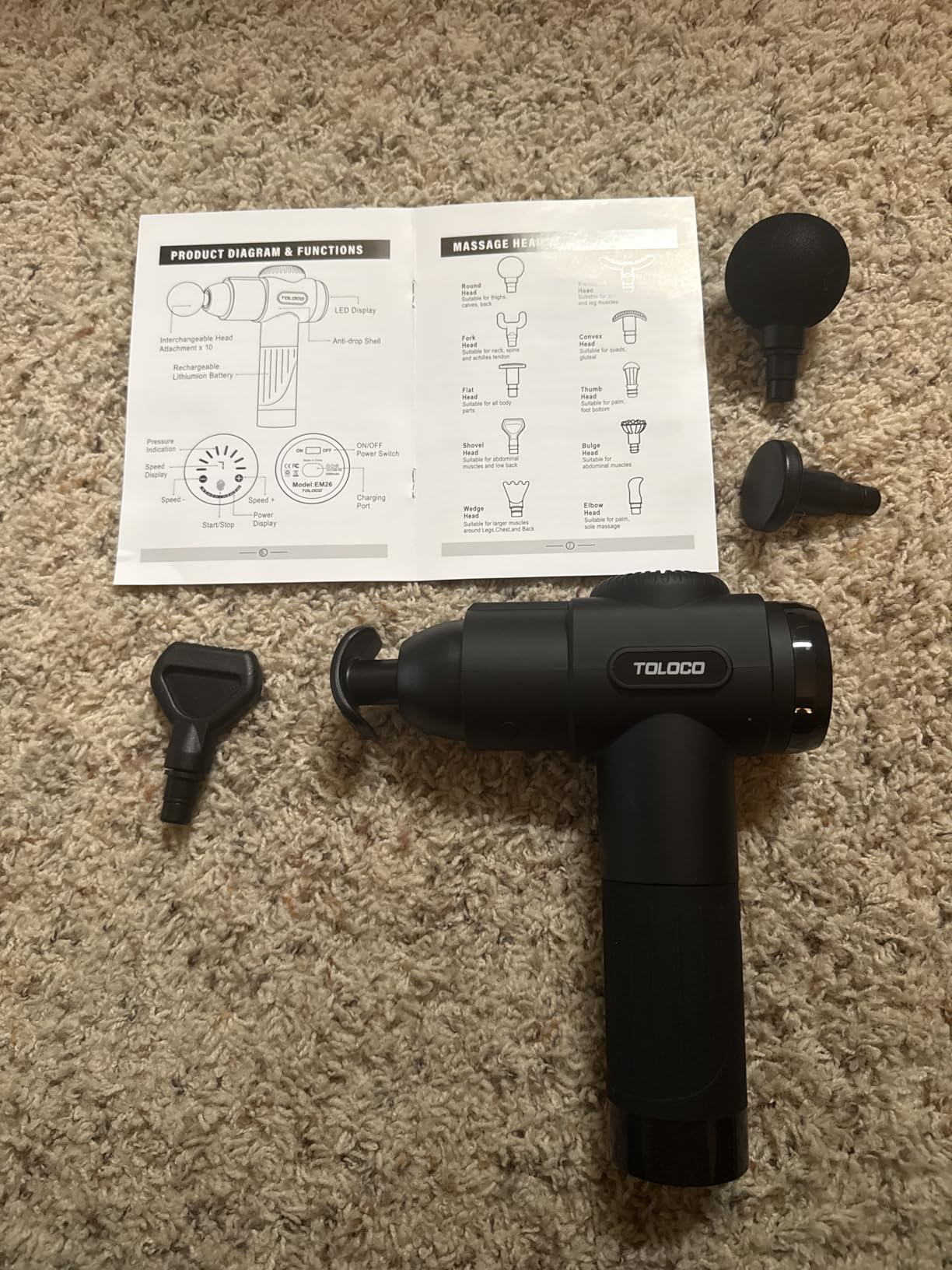TOLOCO Massage Gun, Deep Tissue Back Massage for Athletes for Pain Relief, Percussion Massager with 10 Massage Heads & Silent Brushless Motor, Fathers Day Dad Gifts, Black customer photo 1
