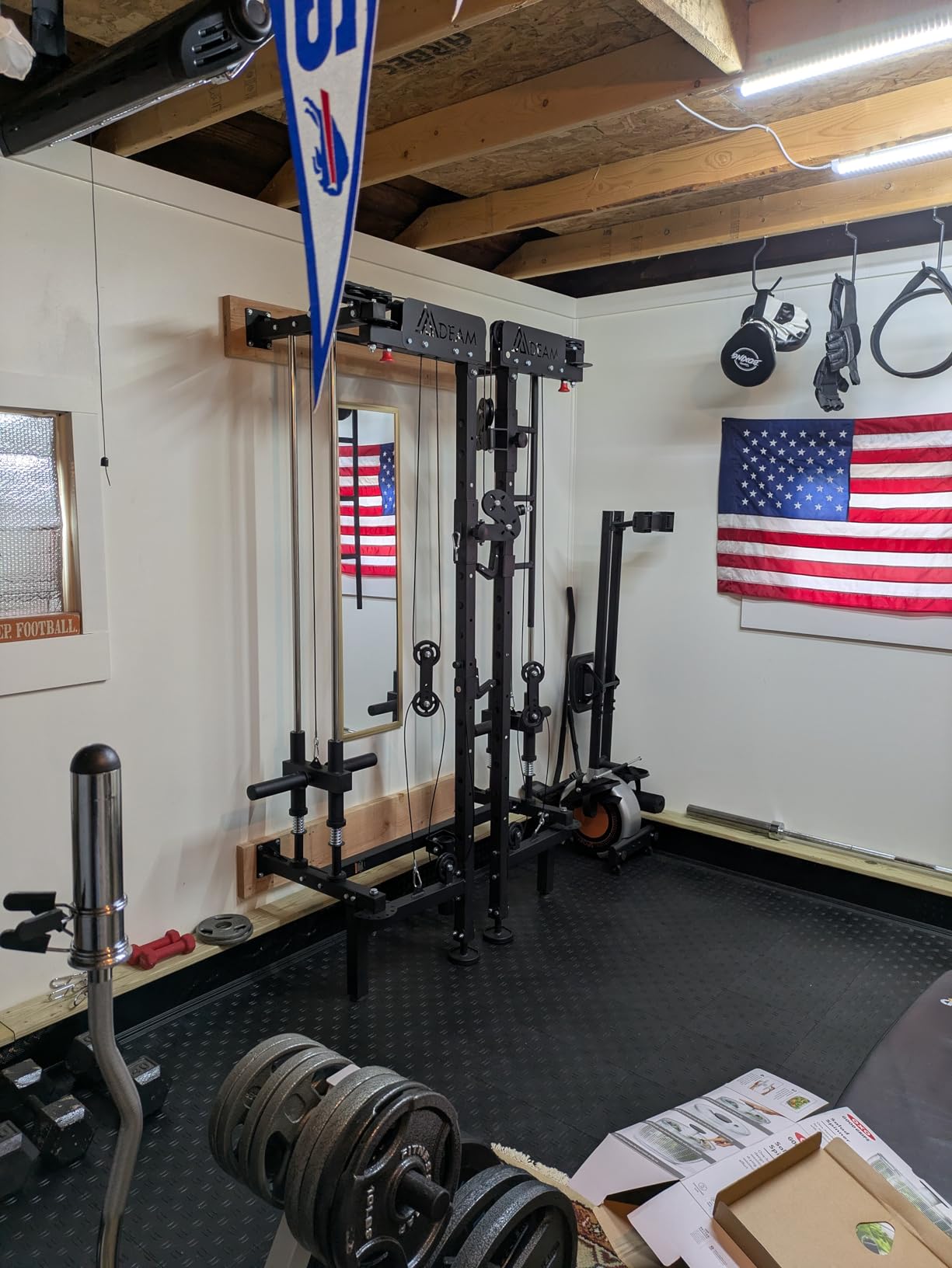 Folding Squat Rack, Wall Mounted Power Rack with Cable Crossover Machine & LAT Pull Down Multi-Function Space-Saving Power Cage with 7 Adjustable Modes/Dual Pulley System/Pull-up Bar/360 Landmine customer photo 1