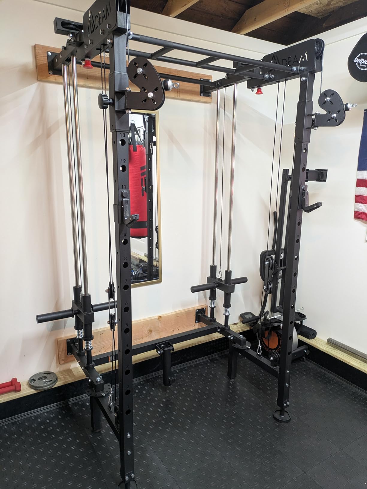 Folding Squat Rack, Wall Mounted Power Rack with Cable Crossover Machine & LAT Pull Down Multi-Function Space-Saving Power Cage with 7 Adjustable Modes/Dual Pulley System/Pull-up Bar/360 Landmine customer photo 2