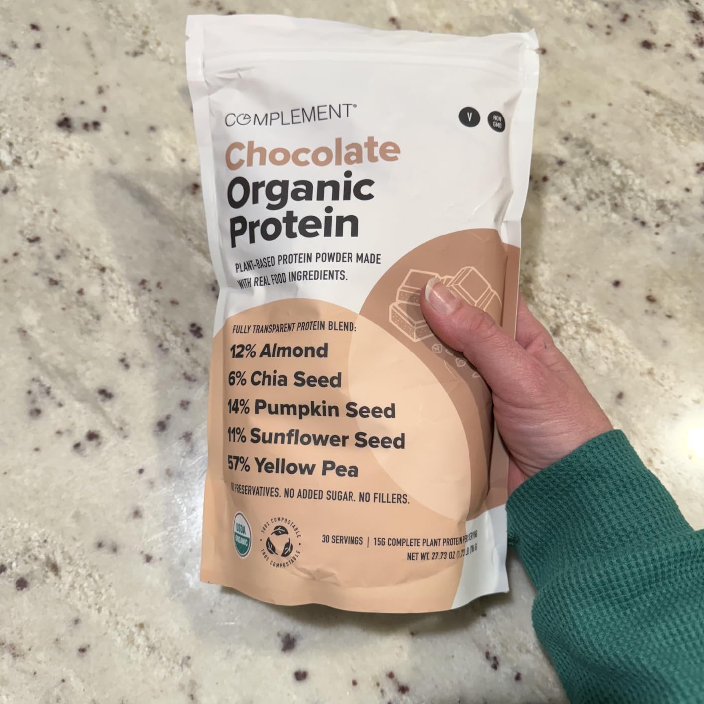 Complement Vegan Chocolate Protein Powder - Organic Protein Low Carb, Sugar Free, Soy Free, Non-GMO, Gluten Free - 15g Yellow Pea, Pumpkin Seed Plant-Based Protein (15 Servings) customer photo 2