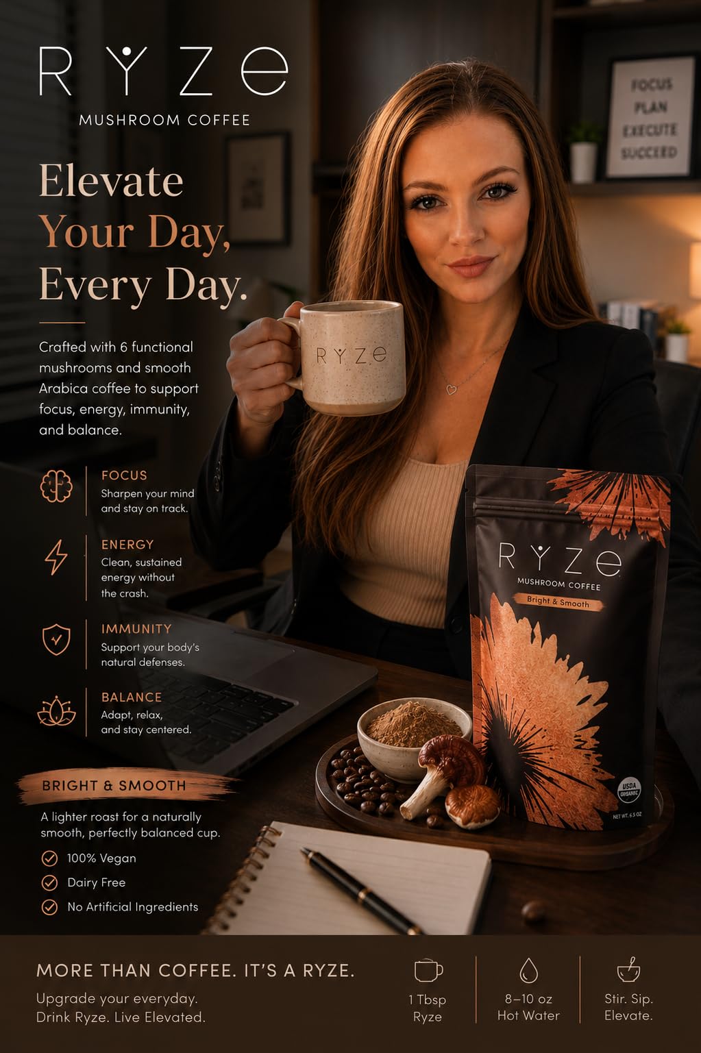 RYZE SUPERFOODS Mushroom Medium Roast Coffee USDA Organic with 6 Adaptogenic Mushrooms for Better Energy, Focus Digestion Immunity with Lions Mane & Turkey Tail 30 Pack of 1 customer photo 1