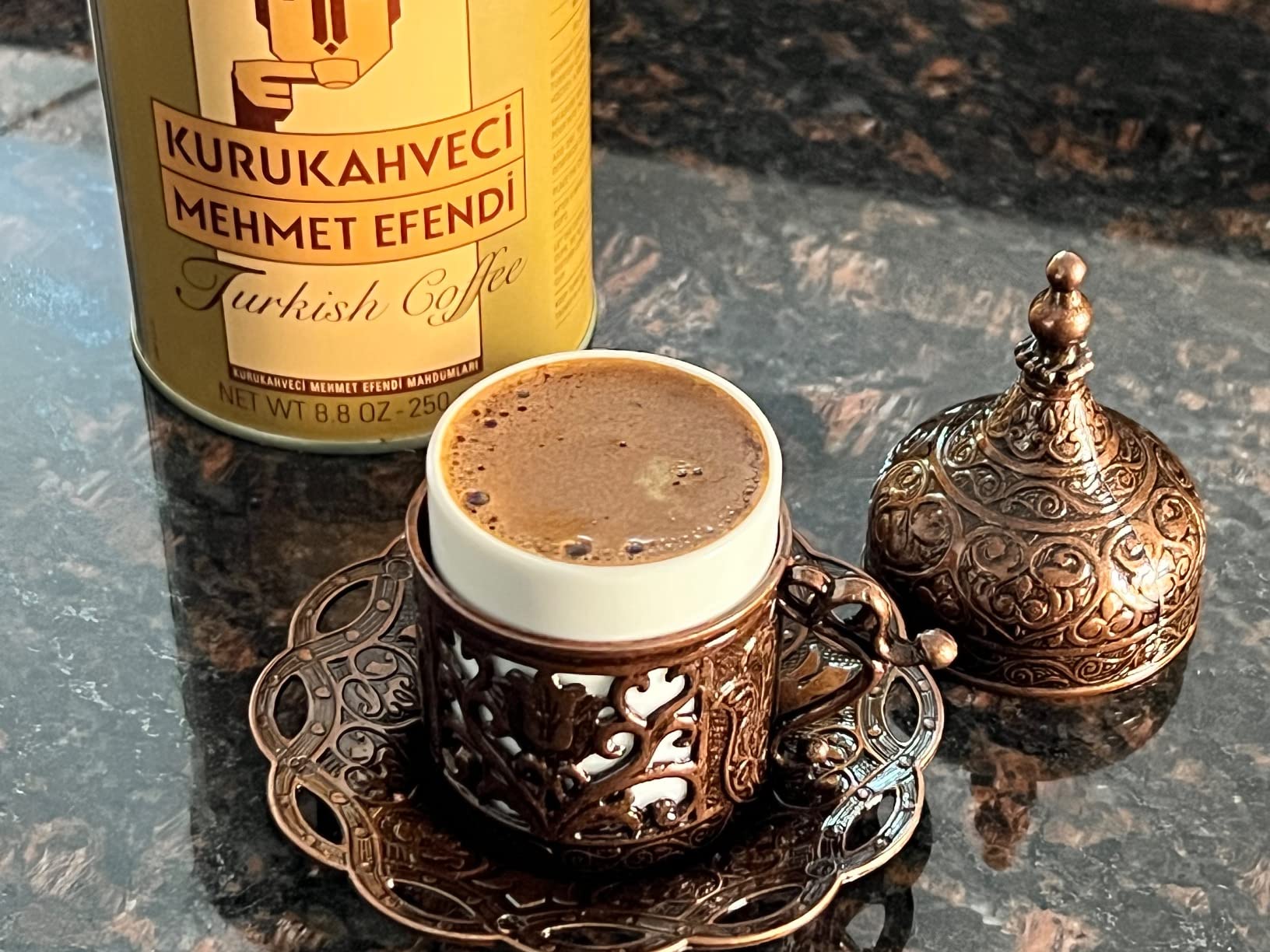Kurukahveci Mehmet Efendi Turkish Coffee, Medium Roast for Cezve, 8.8 oz | 100% Arabica, Extra Fine Grind for Cezve and Ibrik. Rich Aroma. Vegan, Gluten Free. Roasted in Istanbul Since 1871. customer photo 2