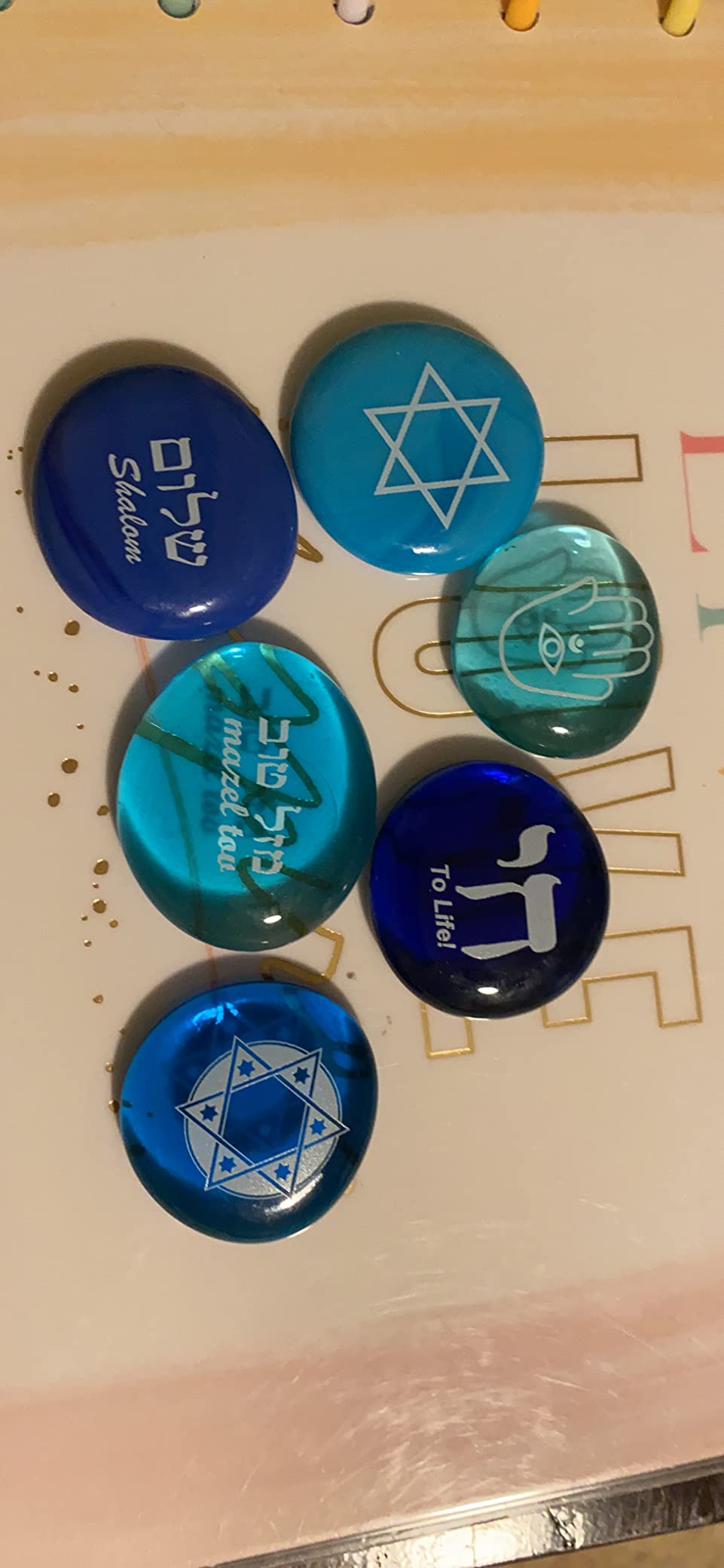 Judaica Glass Stones: Chai, Star of David, Hamsa, Mazel Tov and Shalom on Shades of Blue, Set of Six customer photo 1