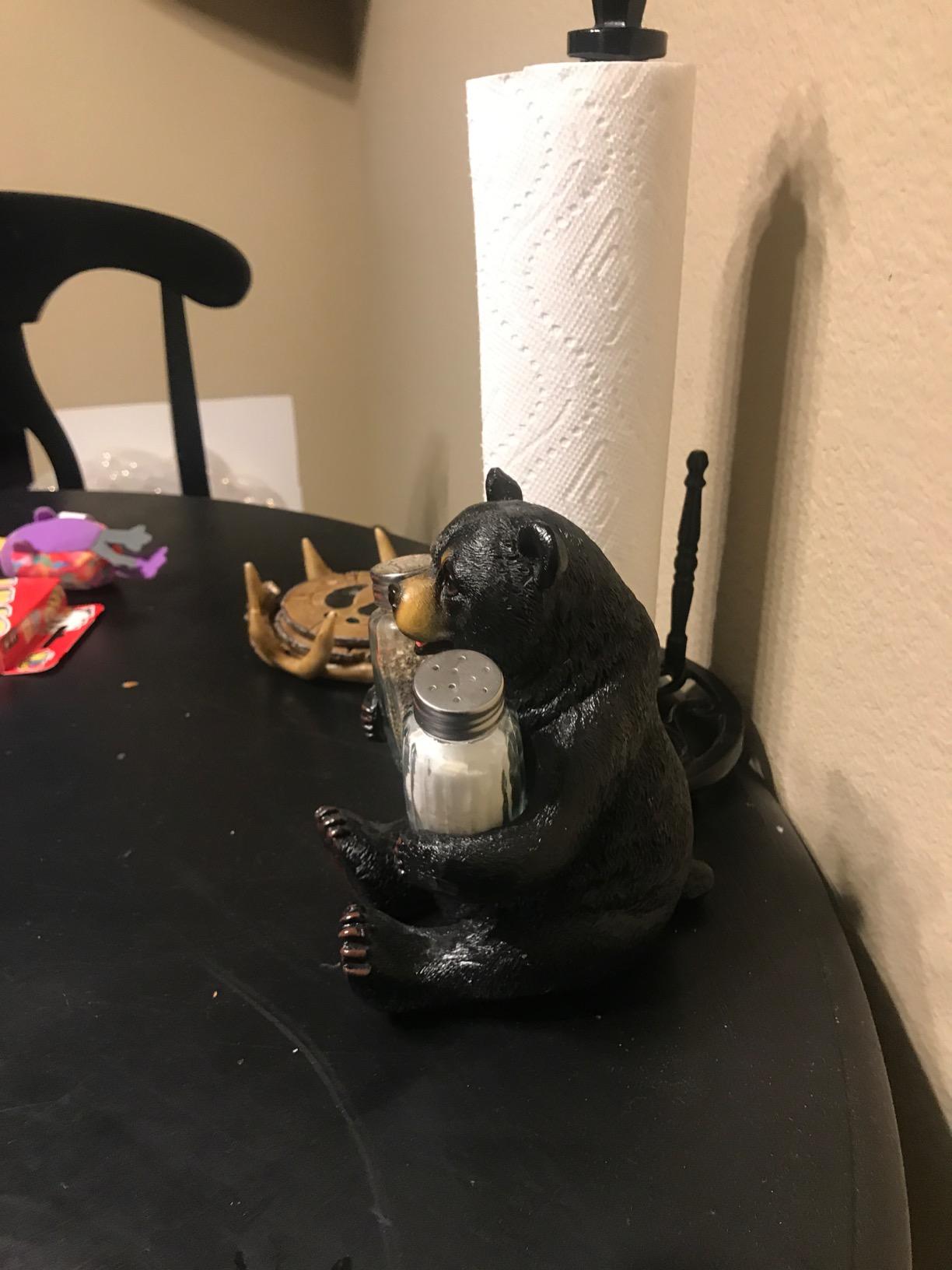 Decorative Black Bear Glass Salt and Pepper Shaker Set with Holder Figurine for Rustic Lodge and Cabin Kitchen Decor customer photo 1
