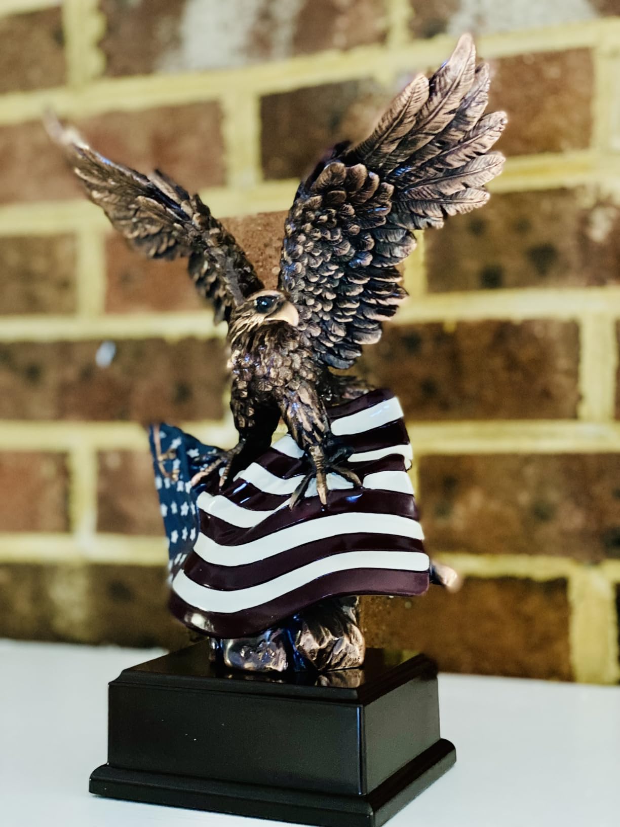 Gifts & Decor Ebros Wings of Glory Bald Eagle Clutching On American Flag Statue Bronze Electroplated Wildlife Eagle Figurine with Base Freedom Liberty Patriotic Figurine customer photo 2