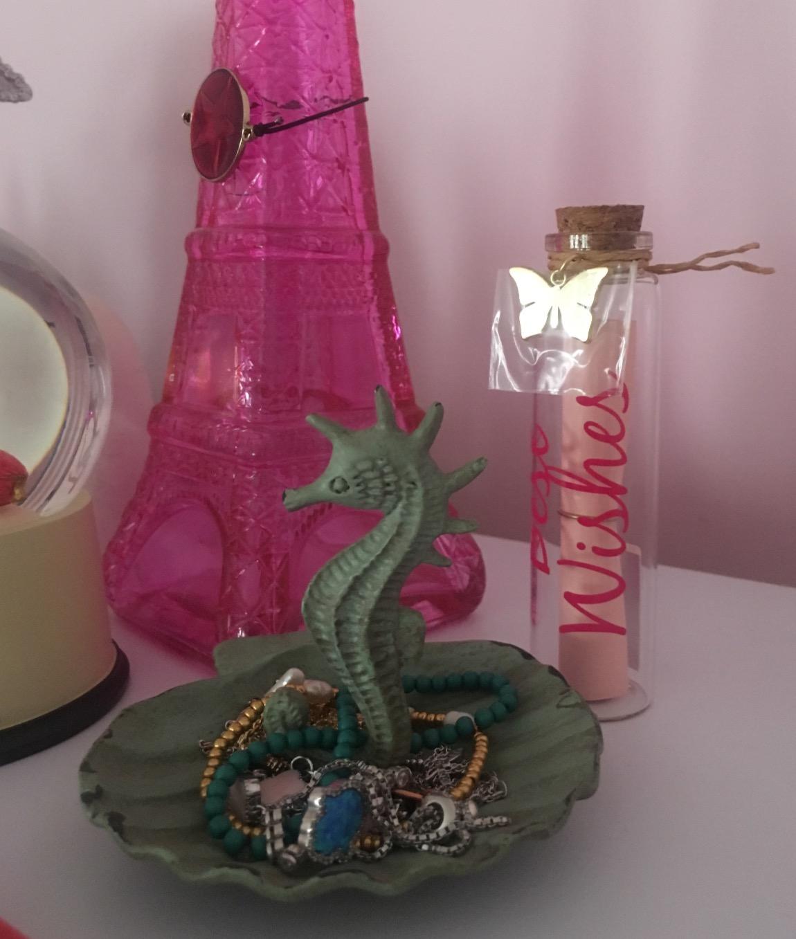 NIKKY HOME Jewelry Holder Seahorse with Shell Dish Decorative Jewelry Stand | Vintage Ring Tray Shabby Chic Earring Necklace Metal Organizer Handmade Gift for Women Girl customer photo 1