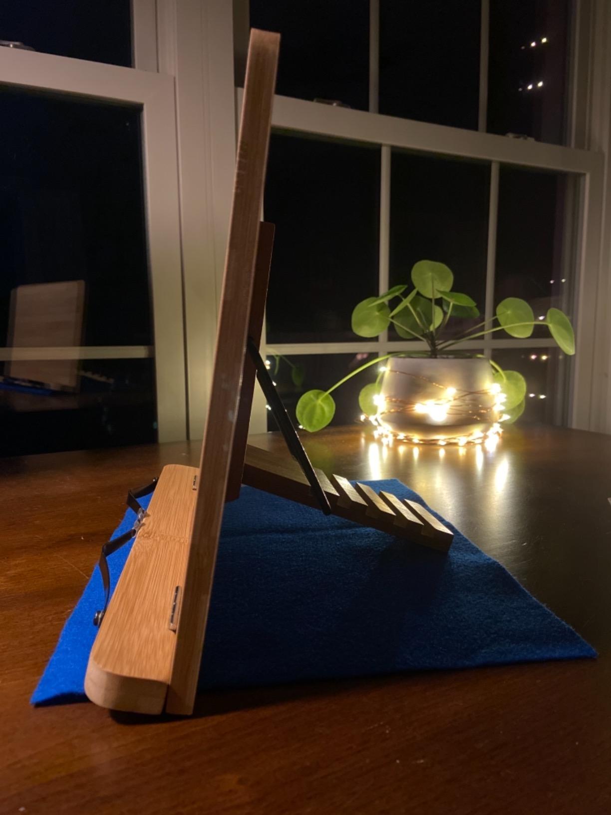 wishacc Bamboo Book Stand, Adjustable Book Holder Tray and Page Paper Clips-Cookbook Reading Desk Portable Stable Hard-Wearing Lightweight Bookstand-Textbooks Books customer photo 2
