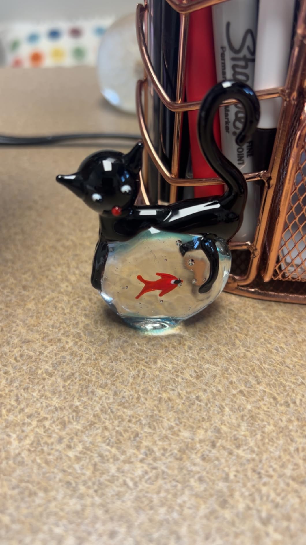 Tooarts Cat and Goldfish Sculpture Glass Ornament Cat Figurine Hand Blown, Christmas Birthday Gift [Black & Red] customer photo 2