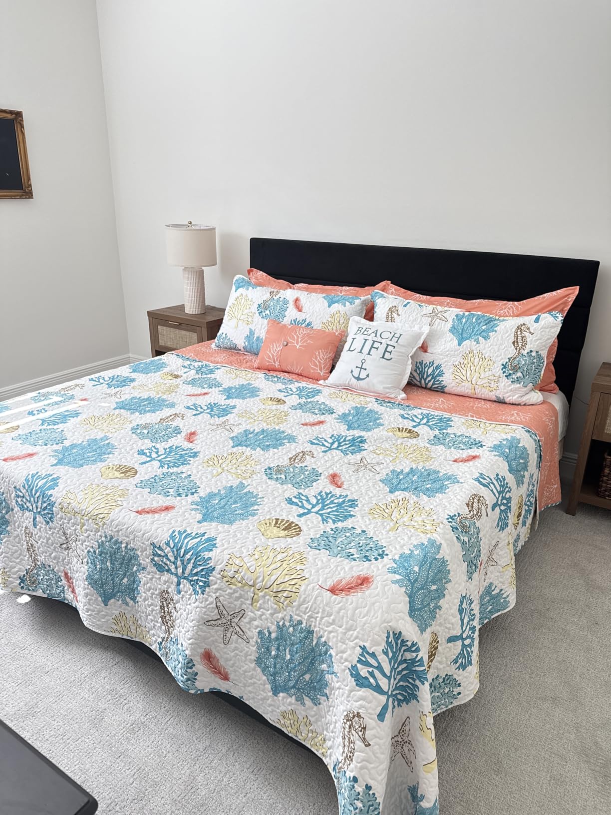 Lush Decor Coastal Reef Feather Reversible Quilt Set, 7 Piece Set Full/ Queen Blue & Coral - Queen Bedding Set Quilted - Coastal Decor - Beach House - Beachy Room customer photo 1