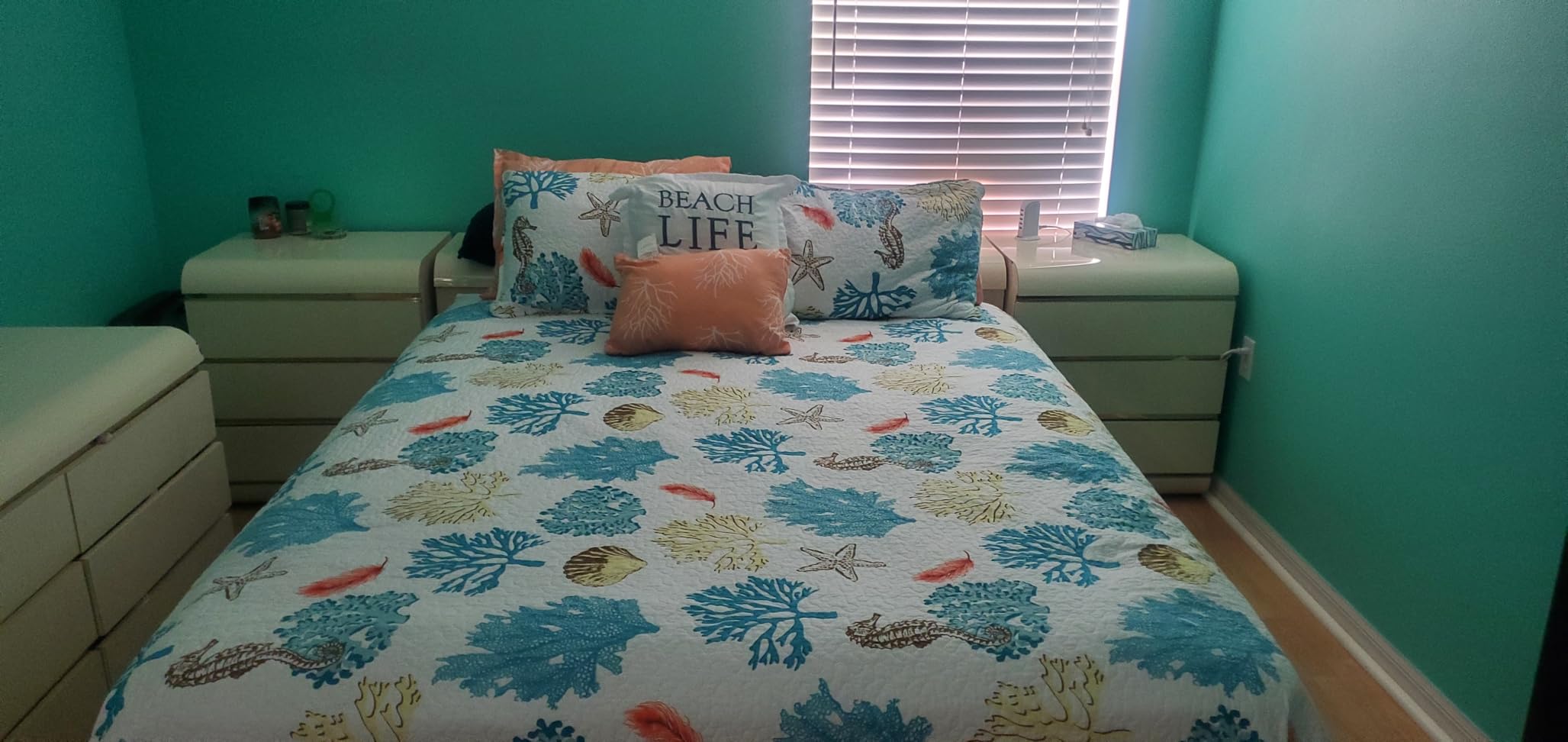 Lush Decor Coastal Reef Feather Reversible Quilt Set, 7 Piece Set Full/ Queen Blue & Coral - Queen Bedding Set Quilted - Coastal Decor - Beach House - Beachy Room customer photo 2