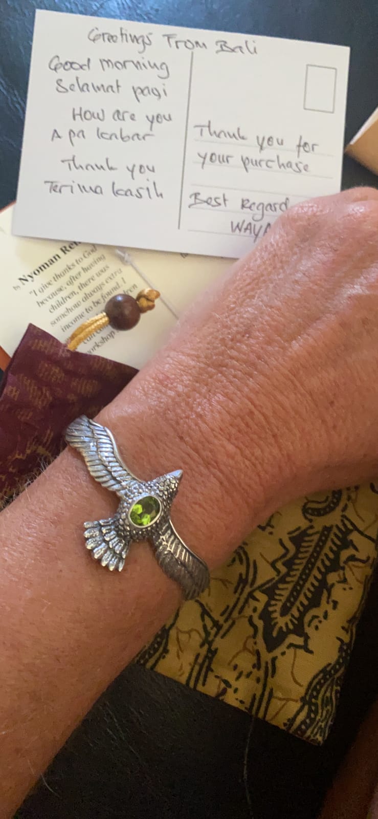 Artisan Handmade Peridot Cuff Bracelet Hawk Motif in Sterling Silver Green Indonesia Animal Themed Birthstone Bird 'Spirit Hawk' customer photo 1
