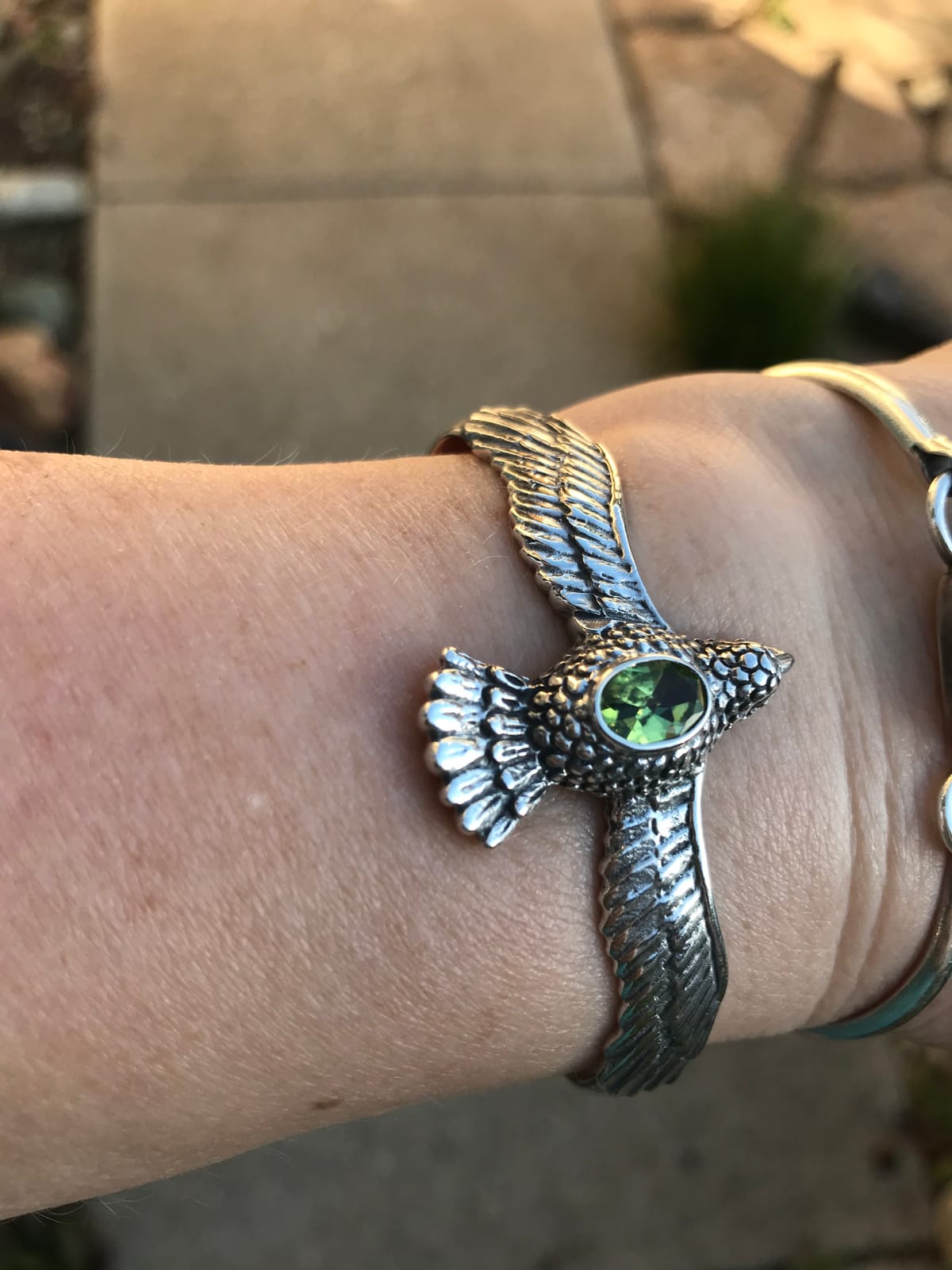 Artisan Handmade Peridot Cuff Bracelet Hawk Motif in Sterling Silver Green Indonesia Animal Themed Birthstone Bird 'Spirit Hawk' customer photo 2