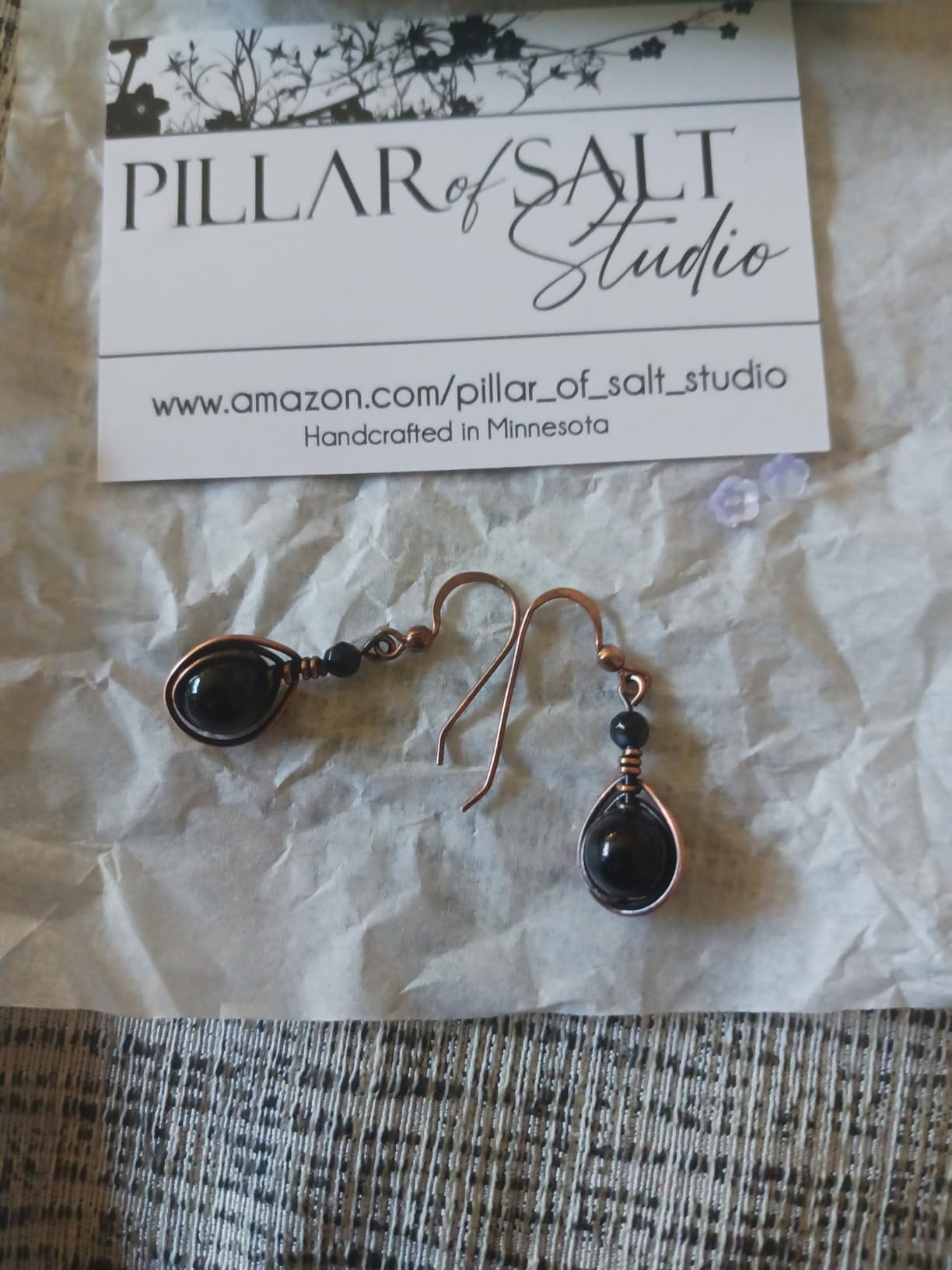 Handcrafted Solid Copper Earrings with Black Onyx Gemstone (Antiqued Copper, 1