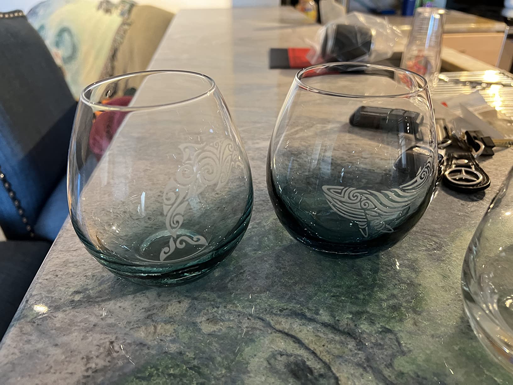 Integrity Bottles Tribal Whale Design Stemless Wine Glass, Handmade, Handblown, Hand Etched Gifts, Sand Carved, 18oz (Crackle Teal) customer photo 1