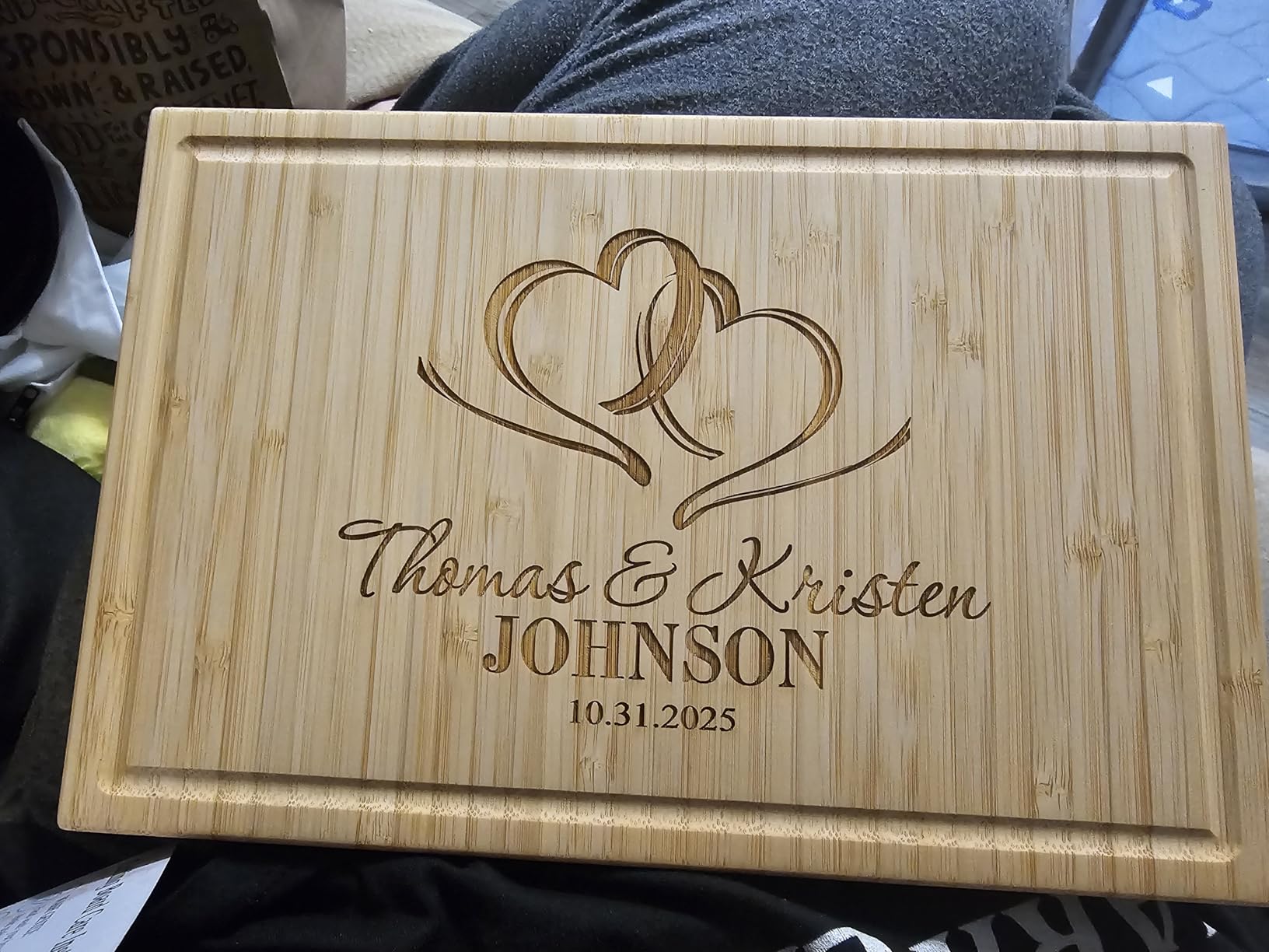 Personalized Cutting Board, Custom Wedding, Anniversary or Housewarming Gift Idea, Wood Engraved Charcuterie, for Newlyweds and Couples, Two Hearts Design 027 customer photo 1