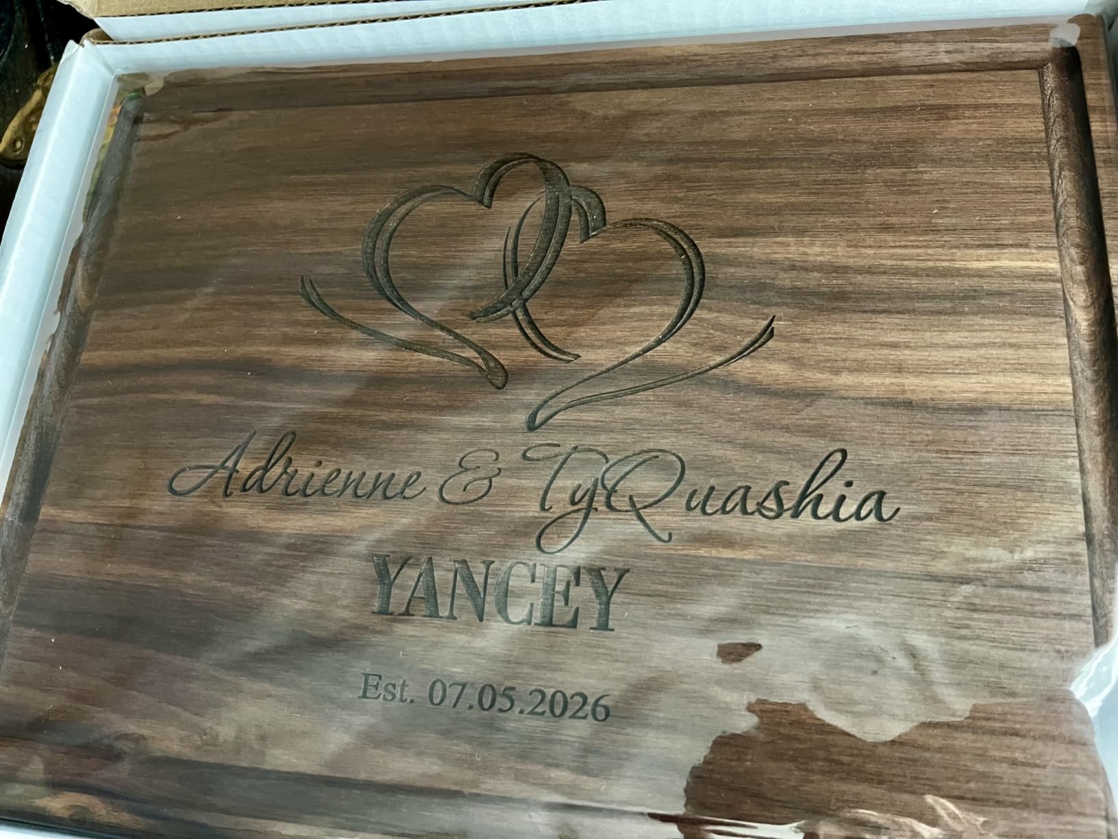 Personalized Cutting Board, Custom Wedding, Anniversary or Housewarming Gift Idea, Wood Engraved Charcuterie, for Newlyweds and Couples, Two Hearts Design 027 customer photo 2