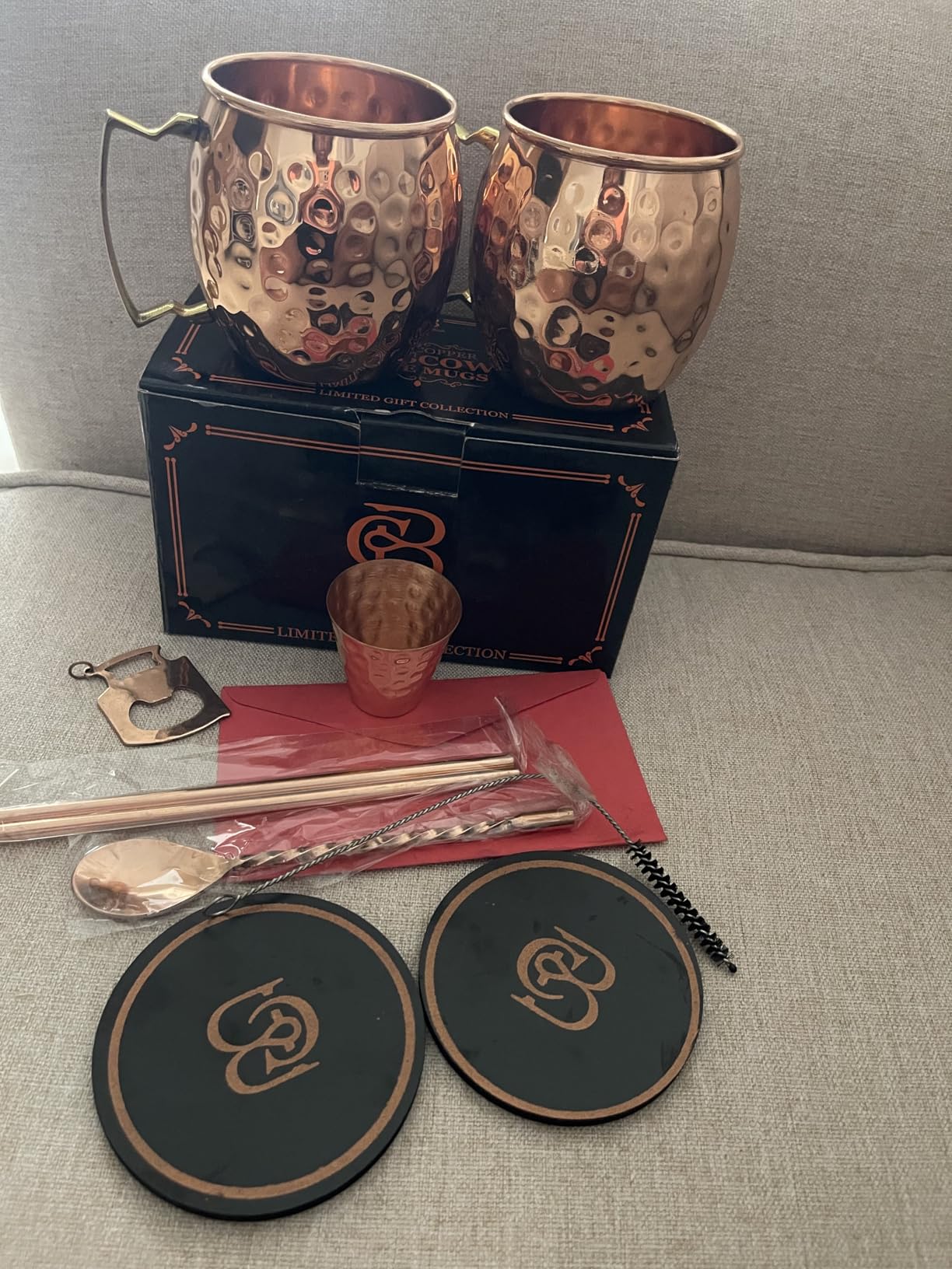 COPPER-BAR Moscow Mule Copper Mugs - Unique HANDCRAFTED Gift Set of 4, Hammered by Artisan, 100% Pure Solid Copper Cups 16oz for Drinking Water & Cocktails, Include 19 Pcs accessories & Special Opener customer photo 1