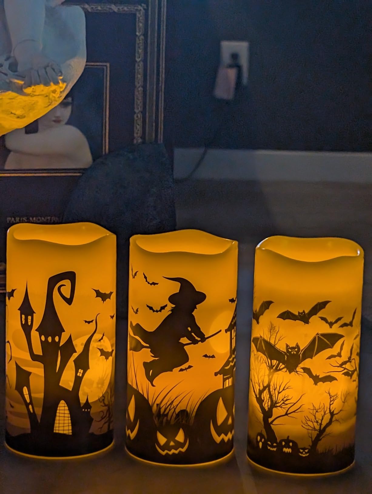 Halloween LED Flameless Pillar Candles Battery Operated with Timer | Orange Real Wax Warm Light Flickering, Witch Bats Castle Spooky Decal, Halloween Indoor Decor Gift, 3