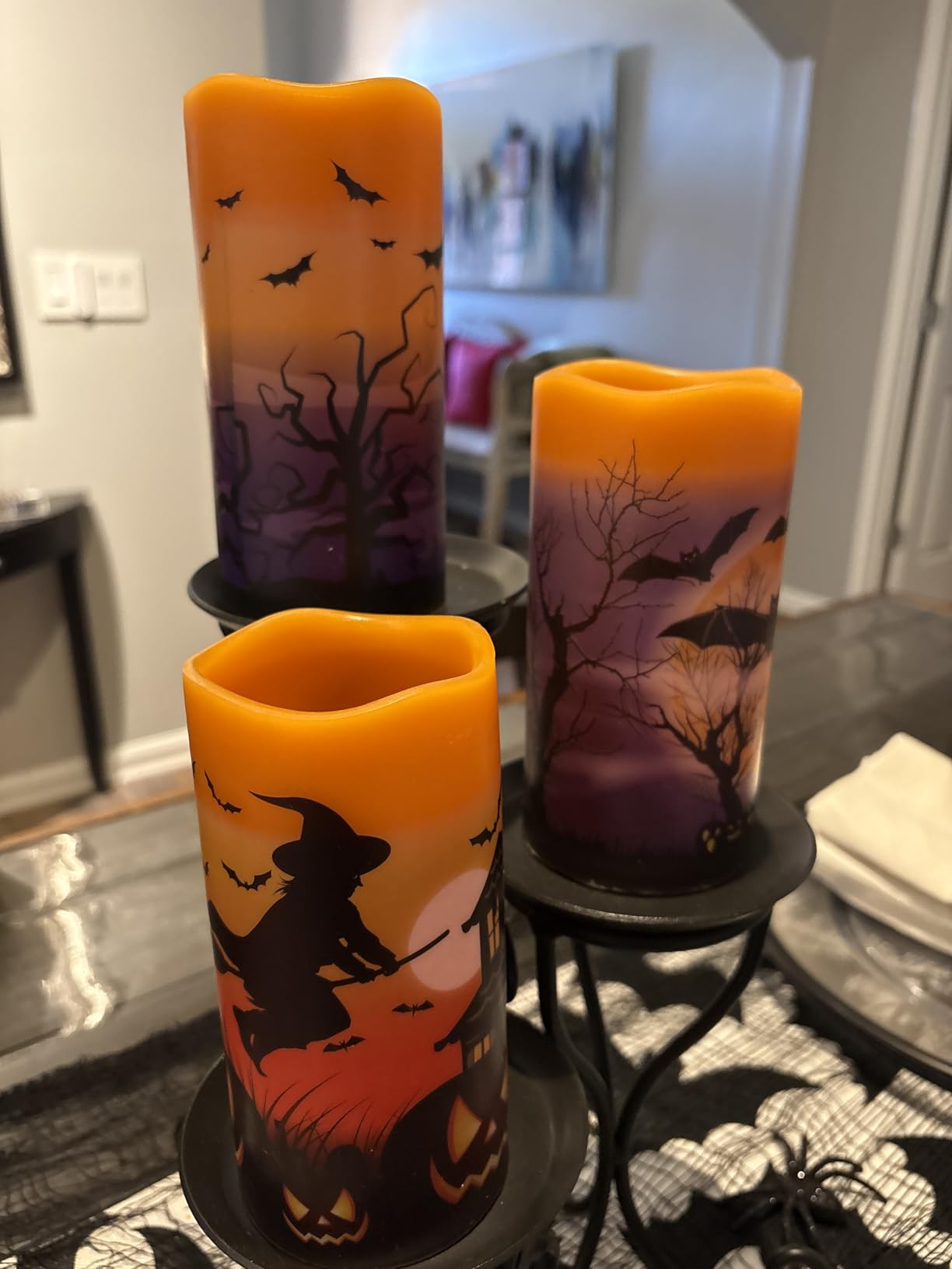 Halloween LED Flameless Pillar Candles Battery Operated with Timer | Orange Real Wax Warm Light Flickering, Witch Bats Castle Spooky Decal, Halloween Indoor Decor Gift, 3