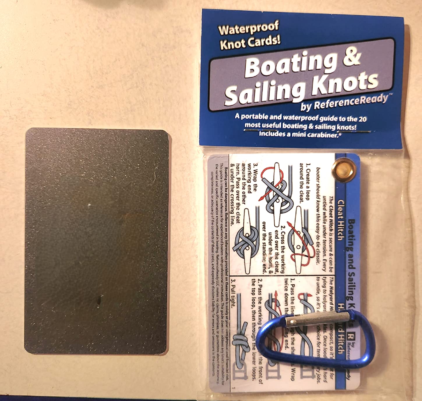 Boating & Sailing Knot Cards: Waterproof, 20 Nautical Knots | Waterproof quick reference guide to nautical knots with mini carabiner. Cool gift for new boat owner customer photo 1