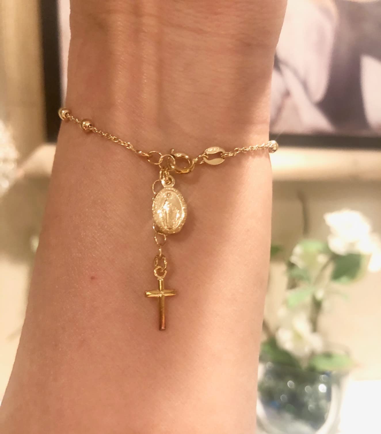Miabella Italian 18K Gold Plated 925 Sterling Silver Rosary Bracelet Women | Adjustable Length, Cross Charm, Bead Chain, Fine Jewelry, Made in Italy customer photo 1