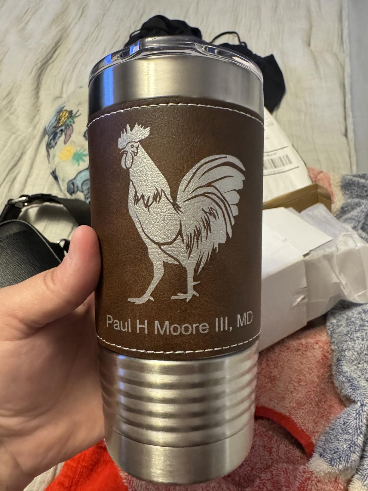 LaserGram 20oz Vacuum Insulated Tumbler Mug, Rooster, Personalized Engraving Included (Faux Leather, Rustic) customer photo 1