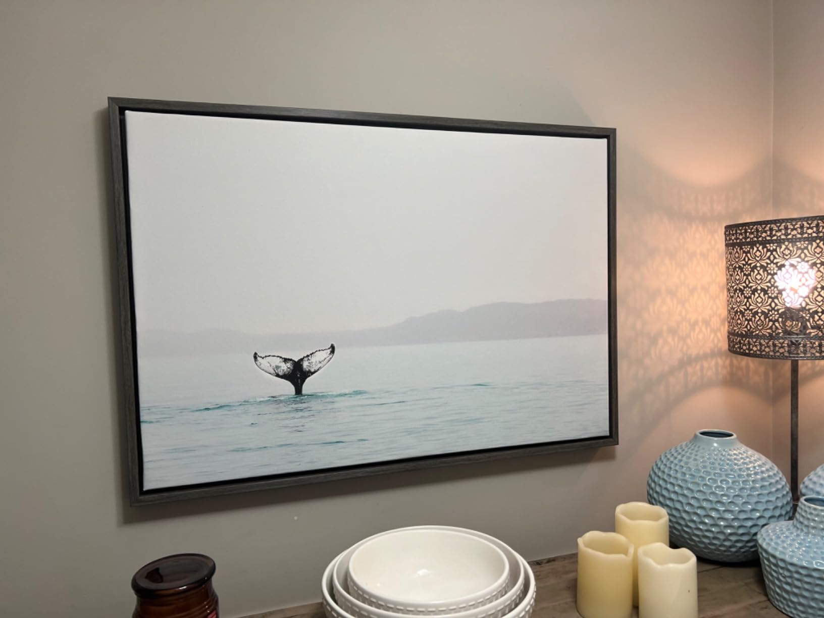 Kate and Laurel Sylvie Whale Tail in The Mist Framed Canvas Wall Art By Amy Peterson, 23x33 Gray, Coastal Animal Home Decor customer photo 1
