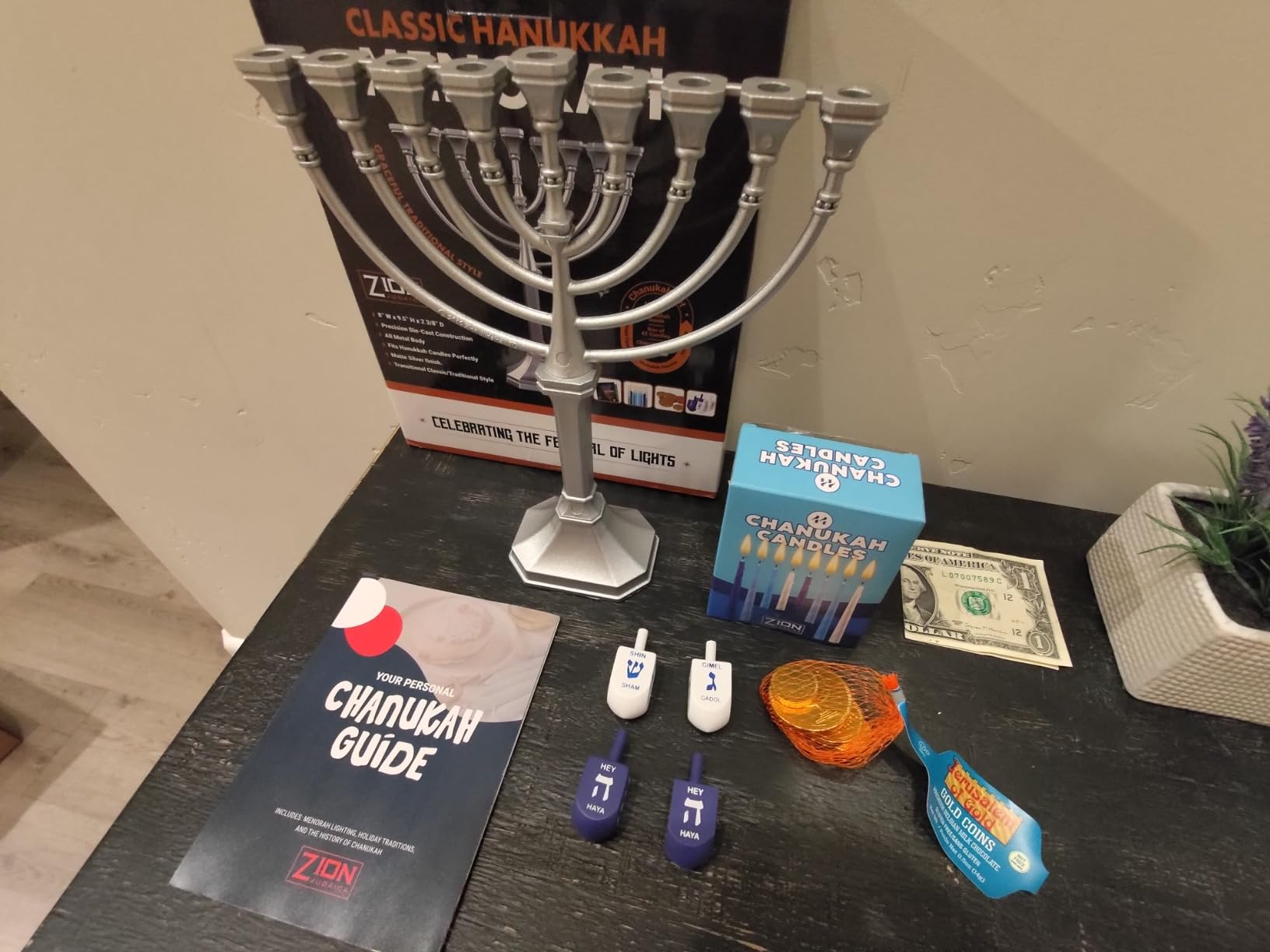 Complete Hanukkah Menorah Kit Traditional Candle Menorah - Satin Silver, 44 Hanukkah Candles, 4 Dreidels, Chanukah Guide, Sack of Chocolate Gelt - Complete Chanukah Bundle by Zion Judaica customer photo 2