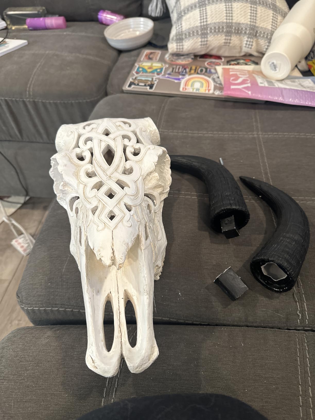 Wallcharmers Cow Skull Carved White + Black Faux Steer Skull - 19