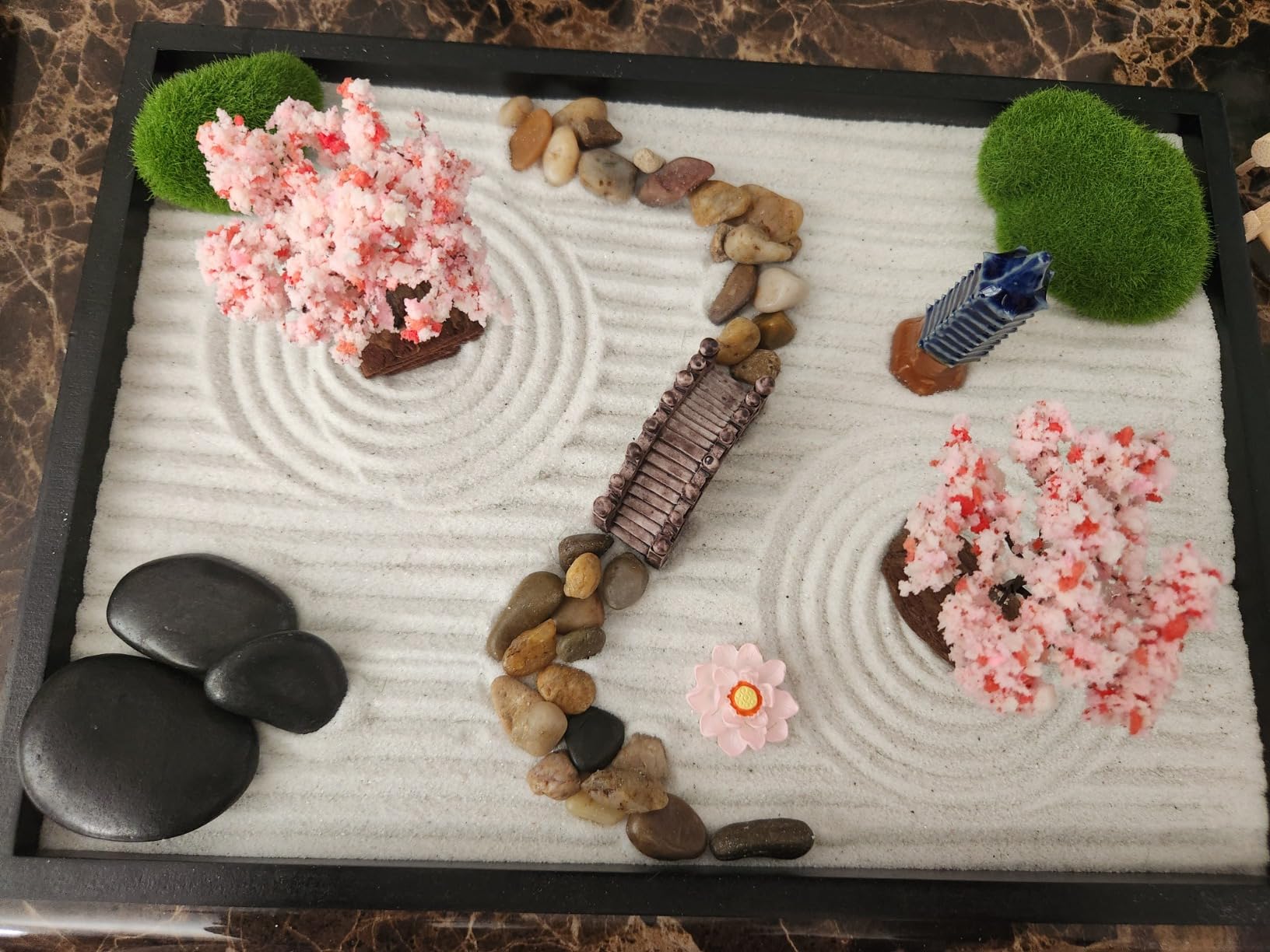 Zen Garden Kit for Desk, Mini Zen Garden 11x8in Decor | Japanese Sand Garden for Desk, Home or Office. Desktop Meditation Set, Sand Tray Therapy with 6 Tools & 15 Accessories customer photo 2