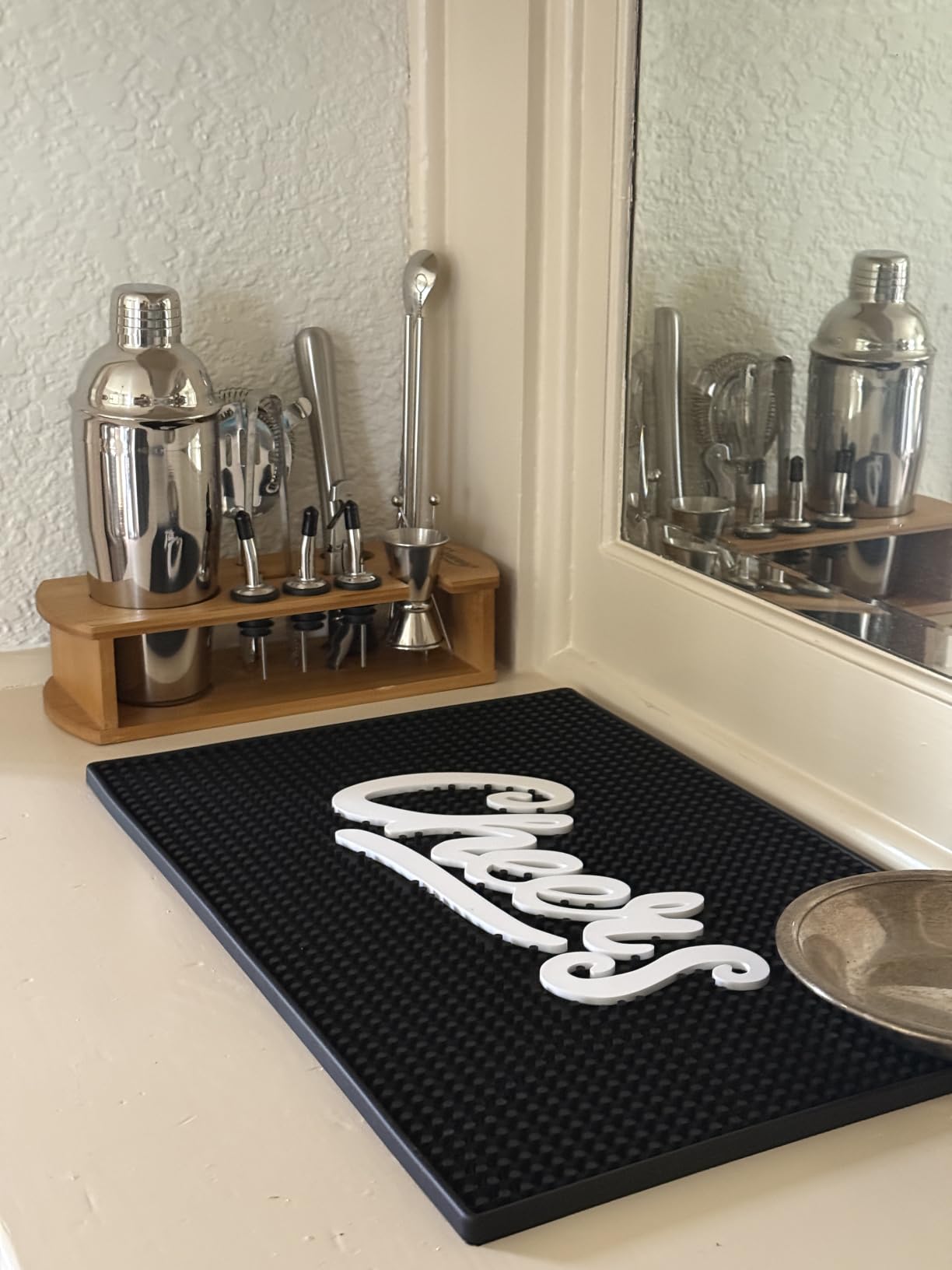 KITESSENSU Cocktail Shaker Set Bartender Kit with Stand | Bar Set Drink Mixer Set with All Essential Accessory Tools: Martini Shaker, Jigger, Strainer, Mixer Spoon, Muddler, Liquor Pourers |Silver customer photo 1
