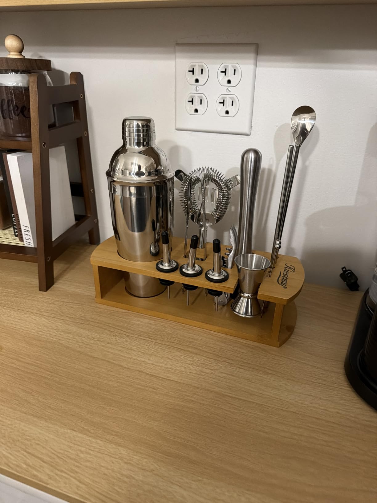 KITESSENSU Cocktail Shaker Set Bartender Kit with Stand | Bar Set Drink Mixer Set with All Essential Accessory Tools: Martini Shaker, Jigger, Strainer, Mixer Spoon, Muddler, Liquor Pourers |Silver customer photo 2