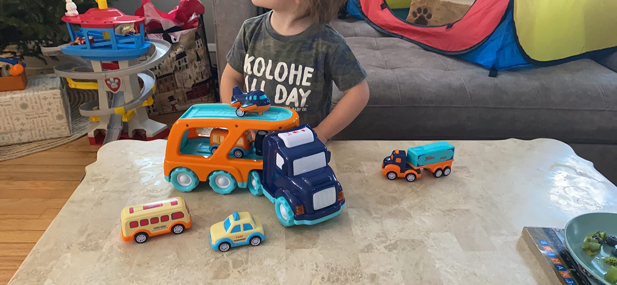 9 Pack Cars Toys for 2 3 4 5 Years Old Toddlers Boys and Girls Gift, Big Transport Truck with 8 Small Cute Pull Back Trucks, Colorful Assorted Vehicles Playset, Carrier Truck with Sound and Light customer photo 1