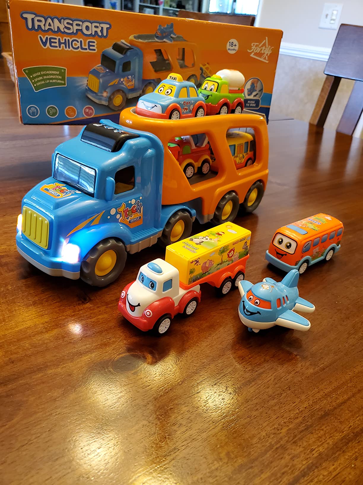 9 Pack Cars Toys for 2 3 4 5 Years Old Toddlers Boys and Girls Gift, Big Transport Truck with 8 Small Cute Pull Back Trucks, Colorful Assorted Vehicles Playset, Carrier Truck with Sound and Light customer photo 2