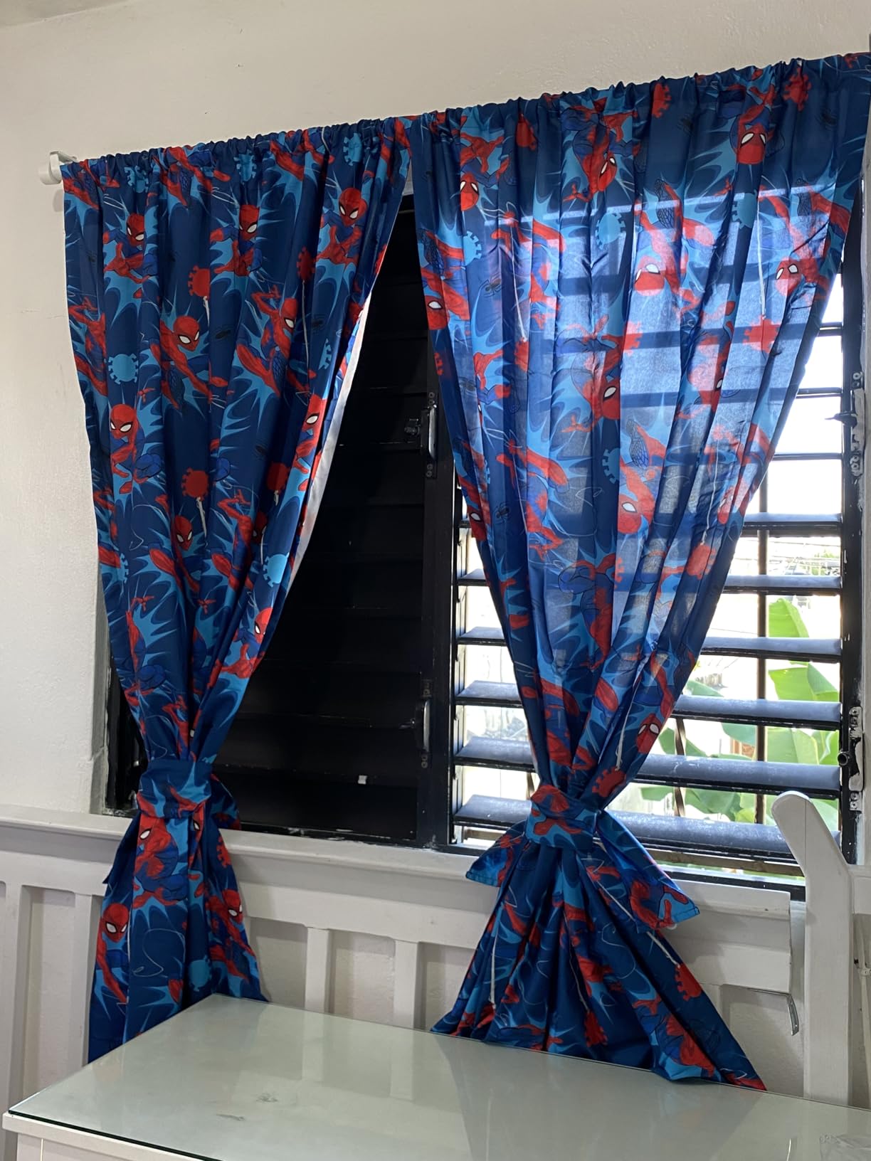 Jay Franco Kids Window Drapes - 4 Piece Curtain Set Includes 2 Tiebacks, Beautiful Bedding Room Décor and Easy Set Up, Blue - Spiderman, 63 Inch customer photo 2