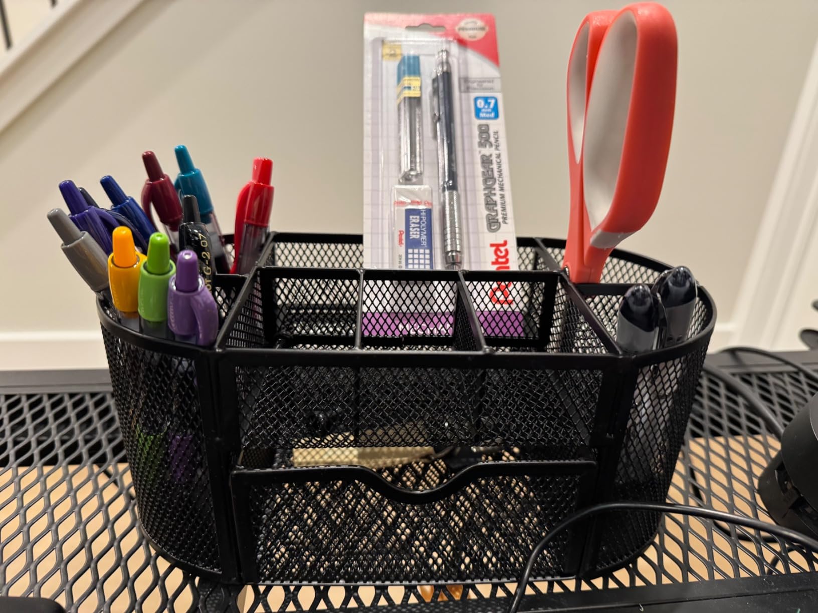 Amazon Basics Mesh Desk Organizer with Pen Holder, Pullout Drawer and Office Caddy Storage, 9.25