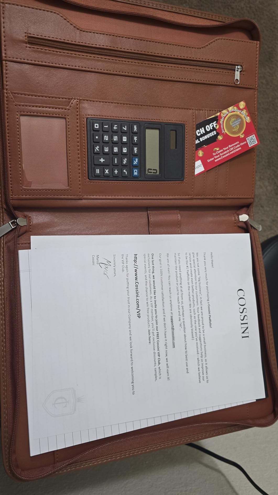 Cossini Premium Business Portfolio with Zipper - Padfolio - Superior Business Impressions Begin with PU Vegan Leather, 10.1 Inch Tablet Sleeve, Smart Storage, Solar Calculator, Writing Pad -Brown customer photo 2