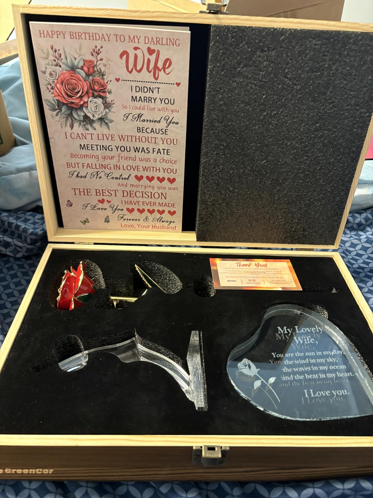 GreenCor Anniversary for Wife Engraved Wooden Gift Set with Crystal Heart and 24K Gold Dipped Rose customer photo 2