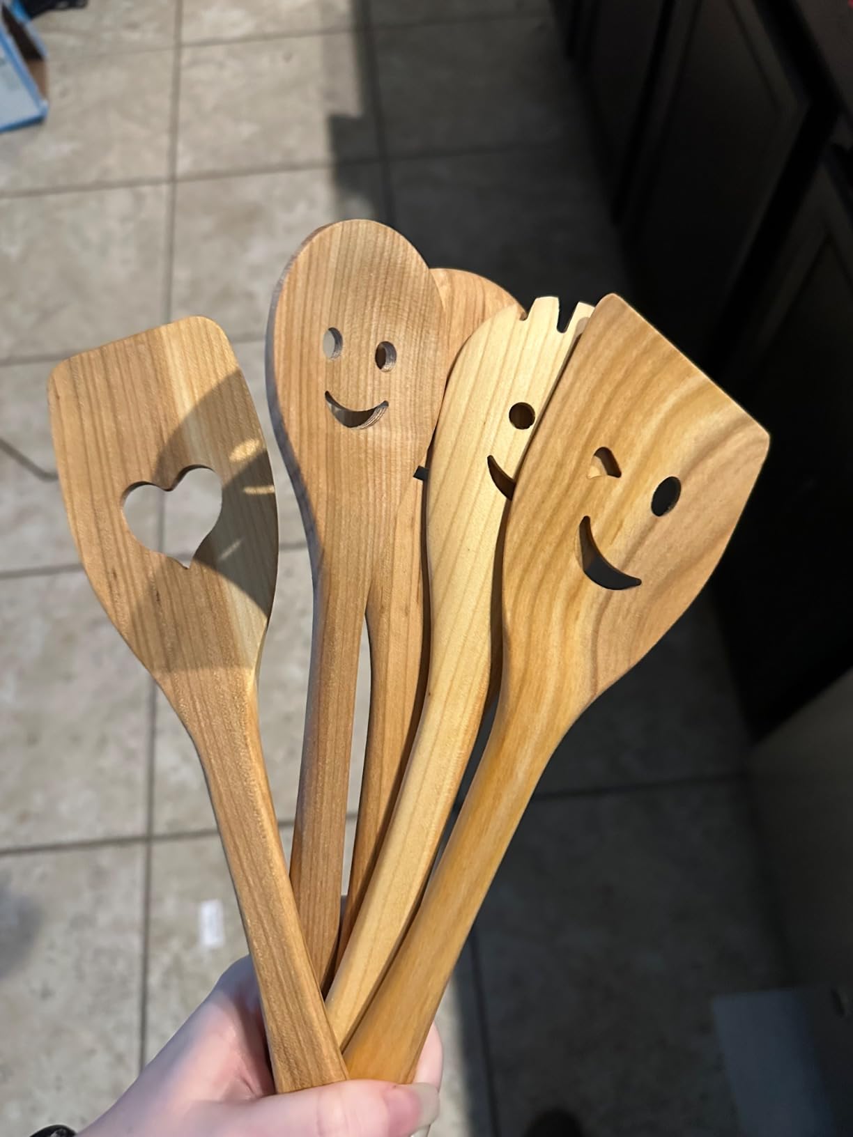 MFC 5-Piece Wooden Cooking Spoons - Kitchen Set from Natural Cherry Wood - Wooden Spoons for Cooking - Funny Utensil Set with Smiley Faces - Cooking Multipurpose Wood Utensils customer photo 2