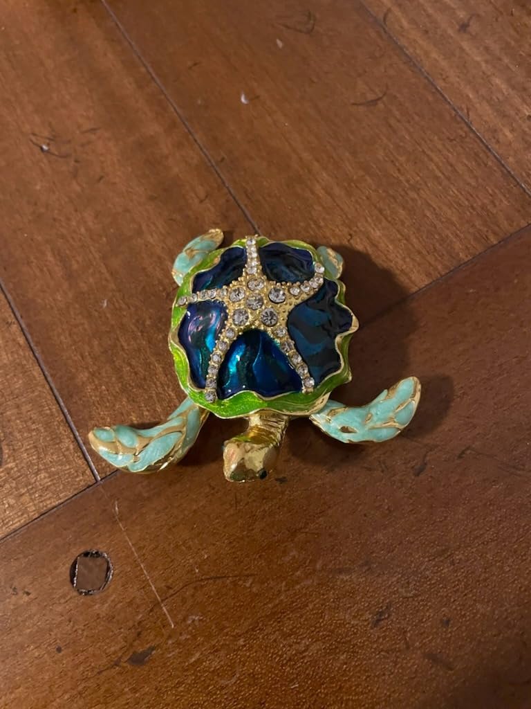 Golden Bejeweled Sea Turtle Jewelry Trinket Box Hinged Crystal Jewelry Box | Hand Painted Enameled Turtle Trinket Box Gold Mother-Child Tortoise Figurine Jewelry Ring Holder Gift for Turtle Lovers customer photo 1