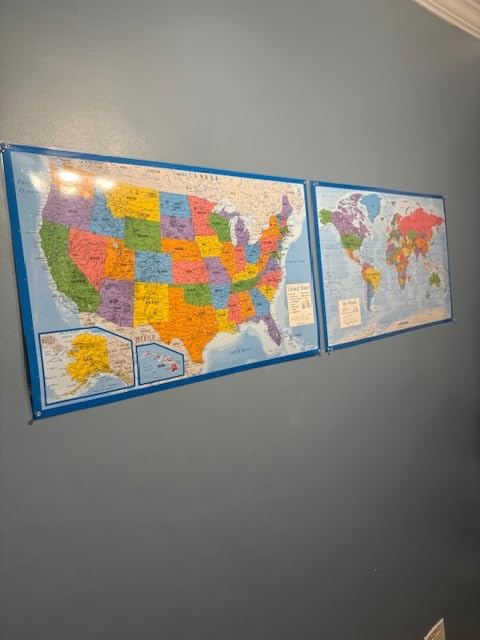 2 Pack - World Map Poster & USA Map Chart [Tan/Color] (LAMINATED, 18