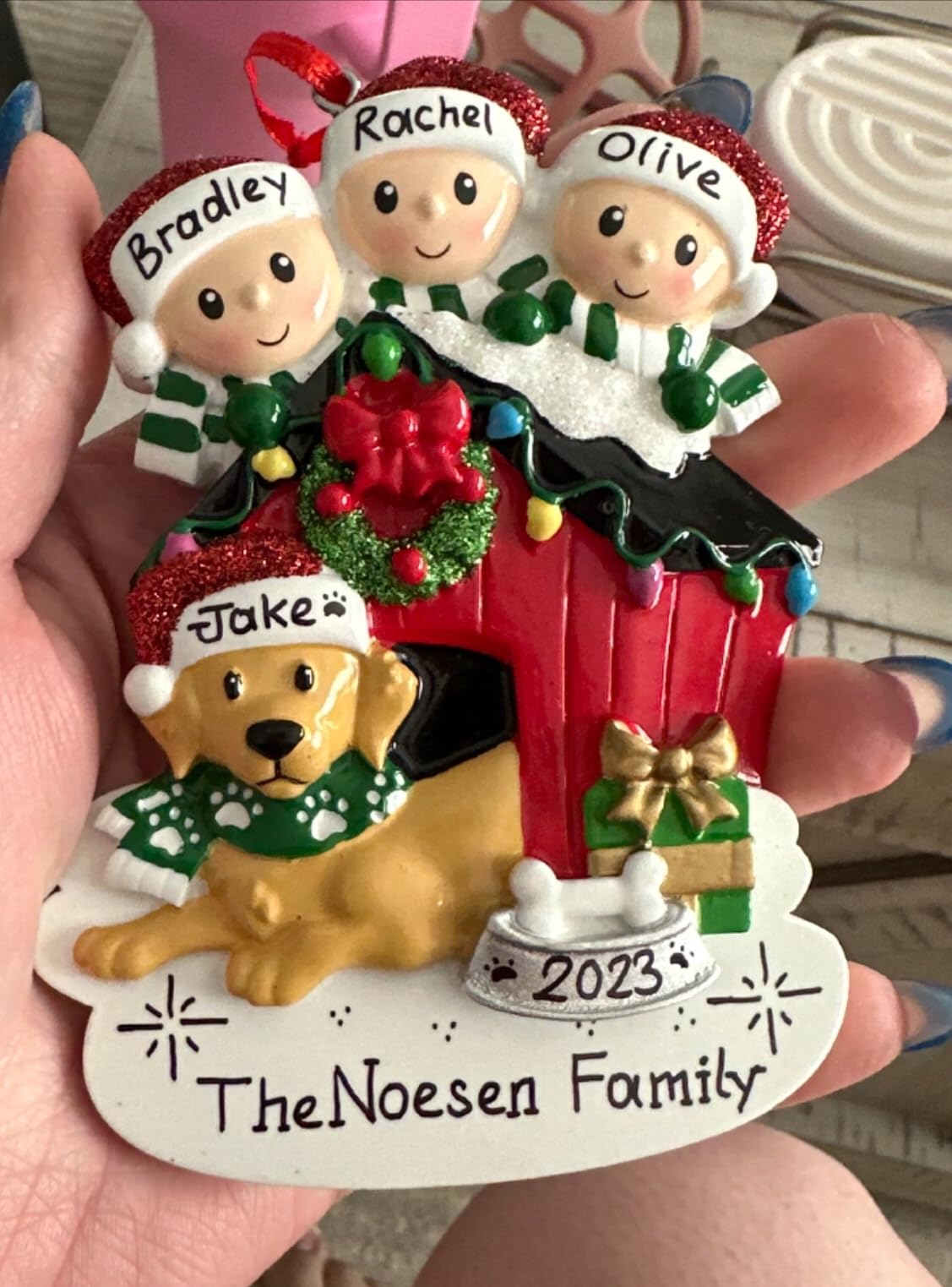 Personalized Family of 4 with Dog Christmas Ornament 2026 | Parents Kids & Puppy with Doghouse Customized Xmas Tree Decoration | Family of Four with New Dog Keepsake - Custom Name & Year customer photo 1