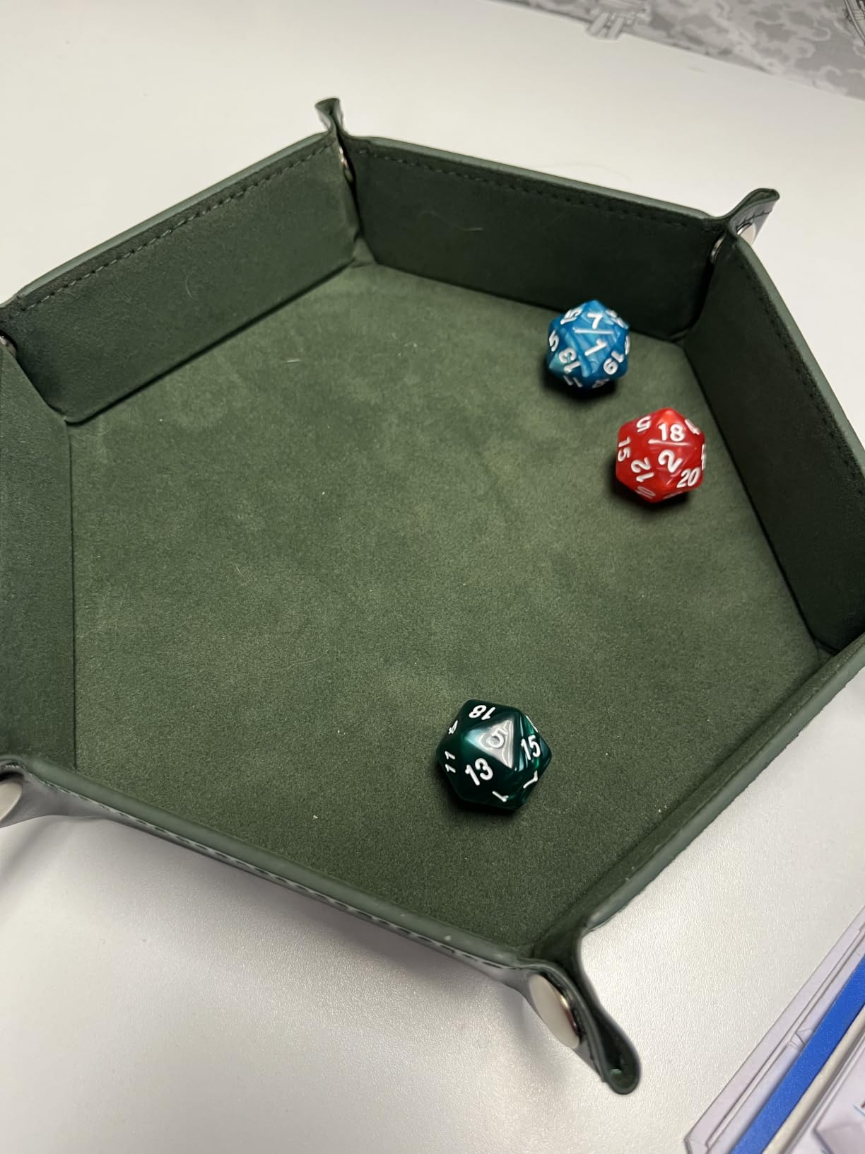 SIQUK 2 Pieces Dice Tray PU Leather Dice Trays Portable Folding Hexagon Dice Roller Tray for Dice Games Like RPG, DND and Other Table Games (Green, Camel) customer photo 1