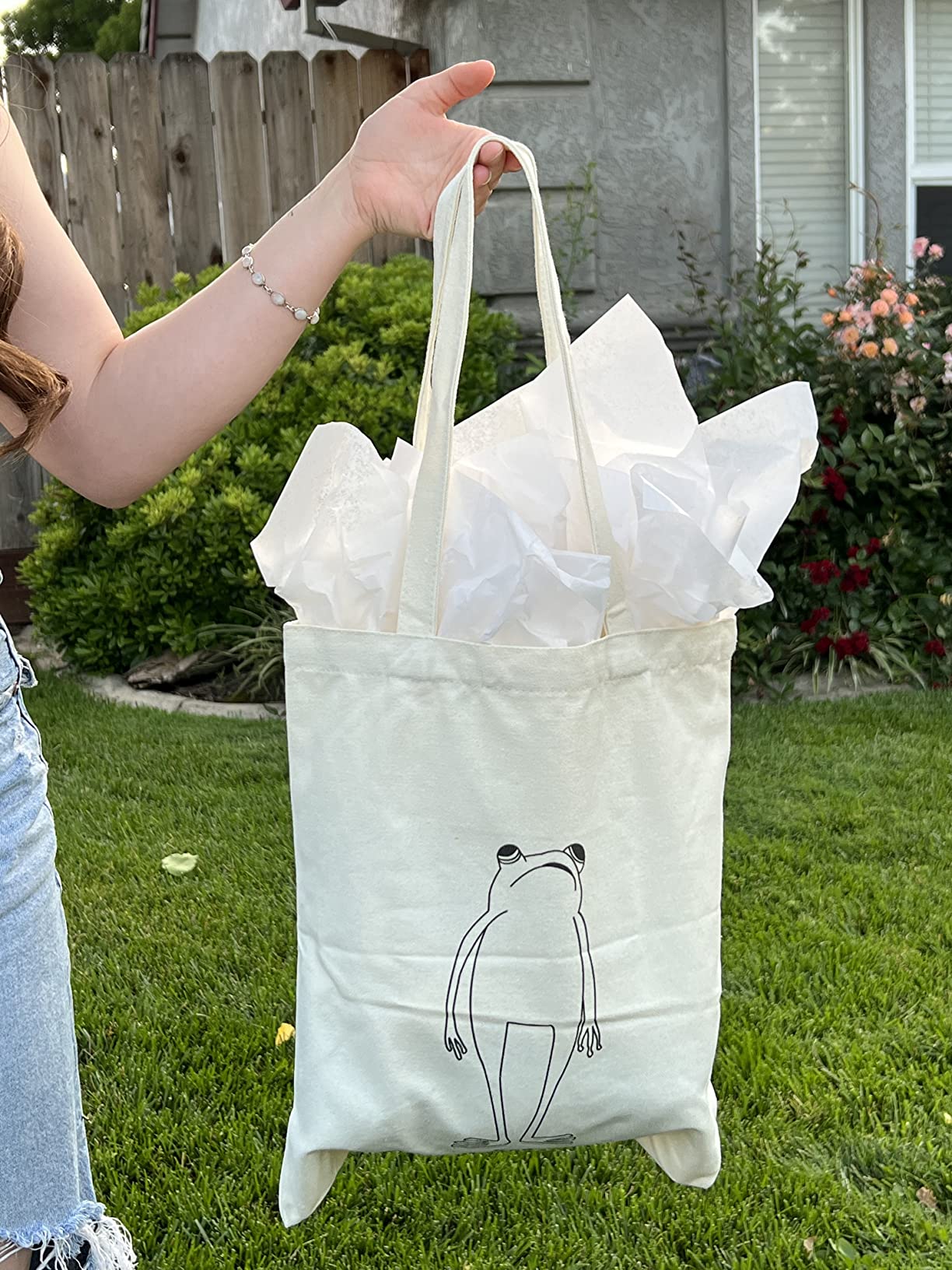 THEYGE Canvas Tote Bag Aesthetic Cotton Grocery Shopping Beach Bag for Women - Vintage Cute Goldfish Fish Design customer photo 2